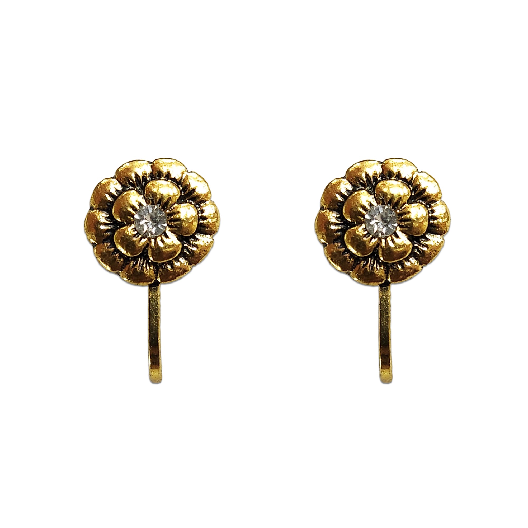 Comet Busters golden floral nose stud featuring a layered flower design with embossed petal detailing and a sparkling clear center crystal, paired with a sleek clip-on fitting for traditional and festive looks.
