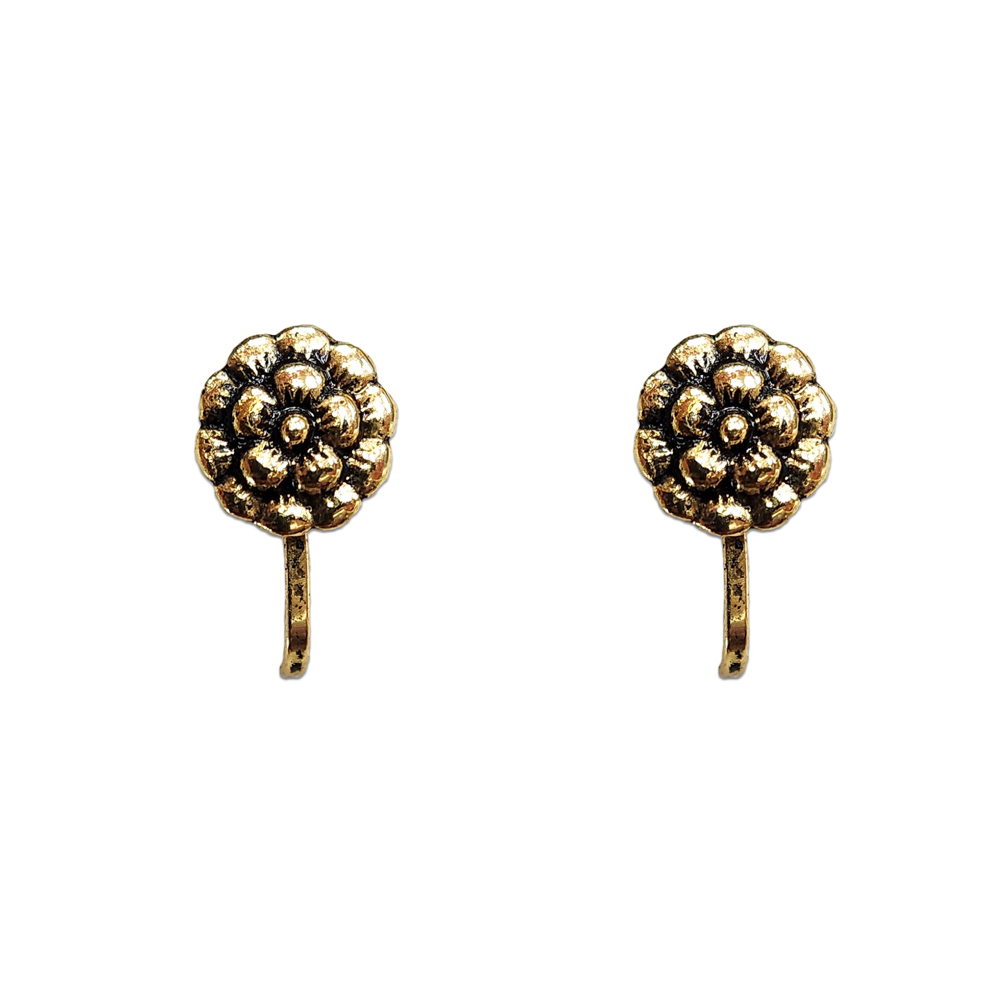 Comet Busters golden sunburst nose stud featuring an intricate circular design with raised bead detailing, antique-inspired finish and a sleek stick fitting, ideal for traditional and festive looks.