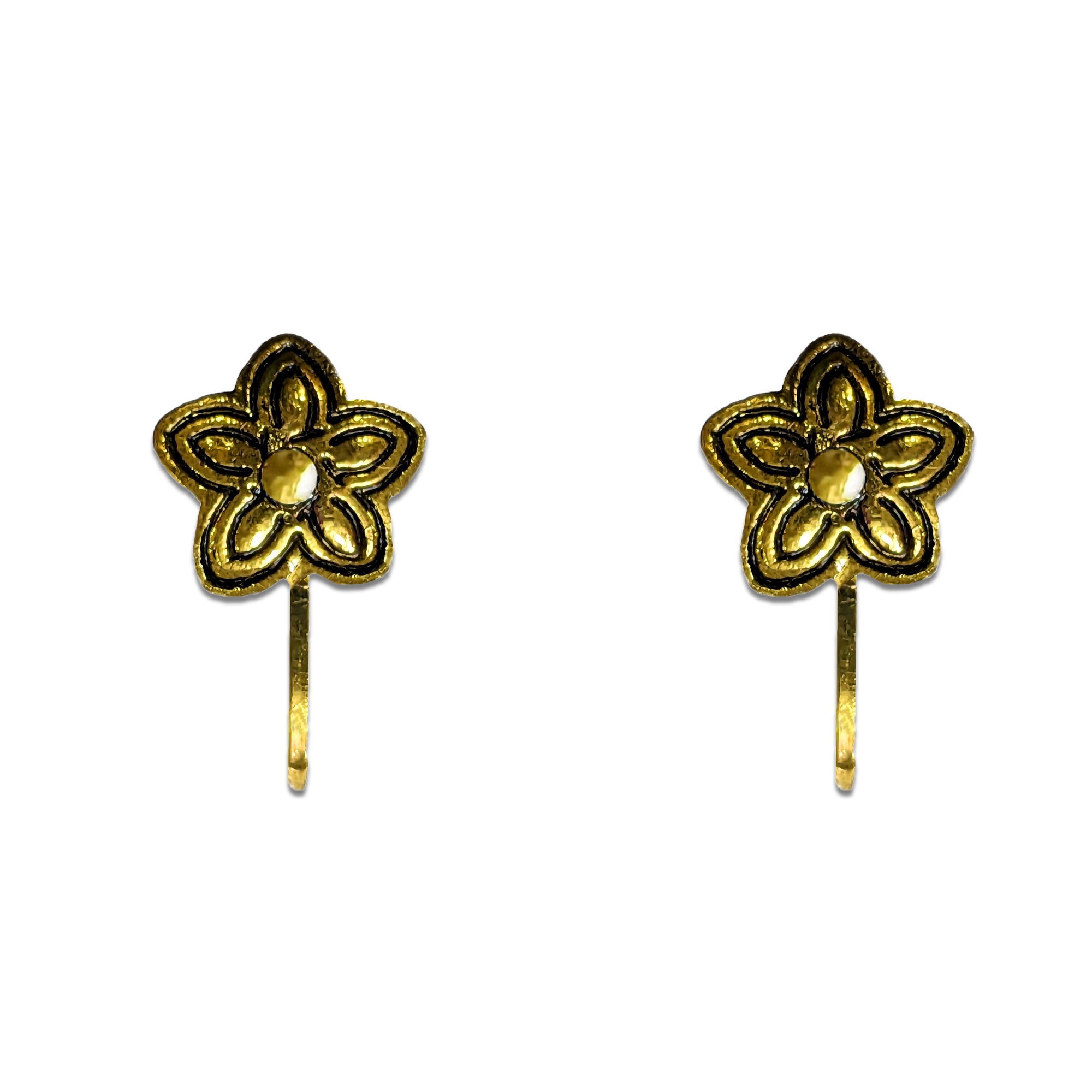 Comet Busters golden floral nose stud featuring a five-petal flower design with a raised center and sleek stick fitting, ideal for traditional, festive and everyday ethnic looks.