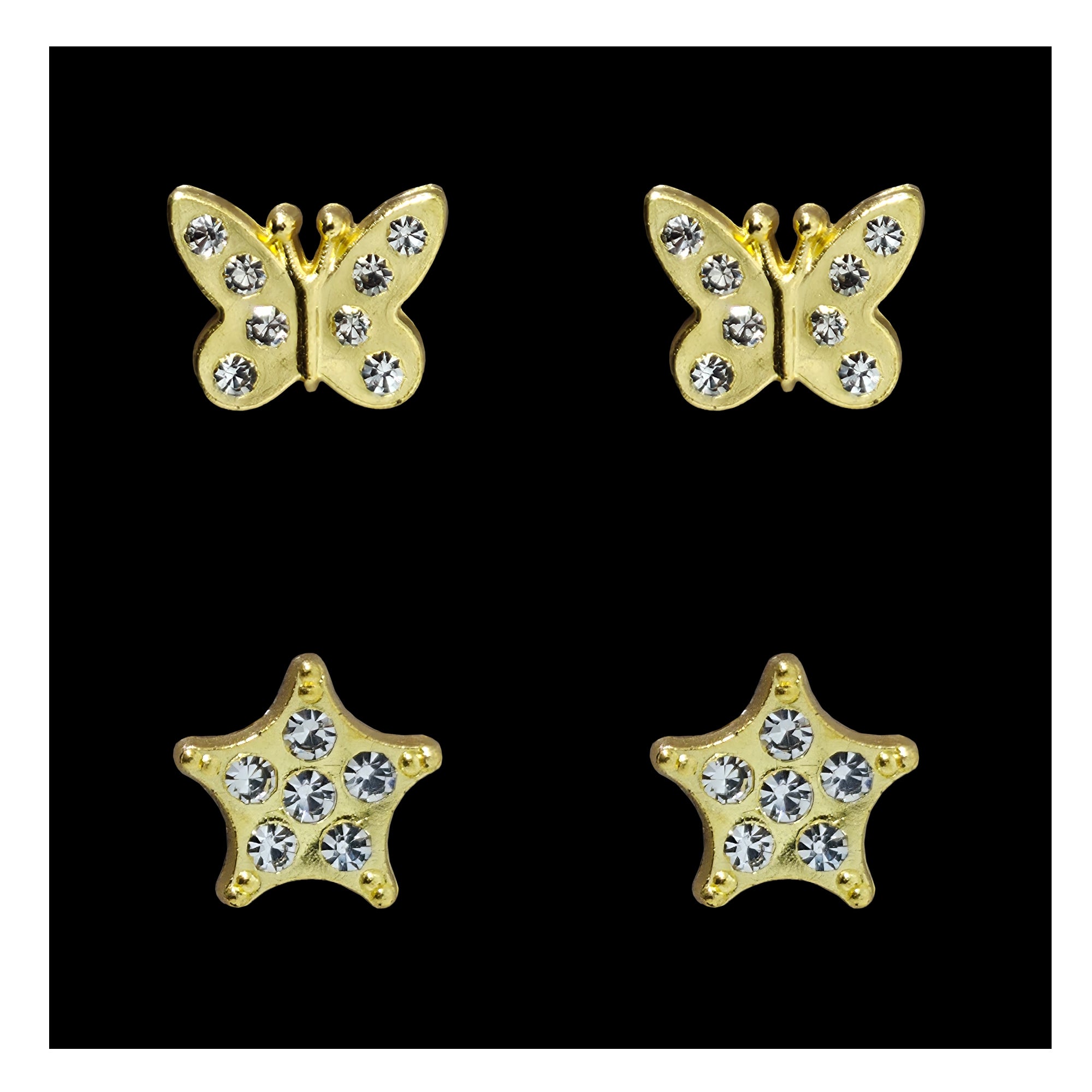 Comet Busters golden four-petal floral stick-on ear stud with clear crystal stones and a square center stone for women and girls