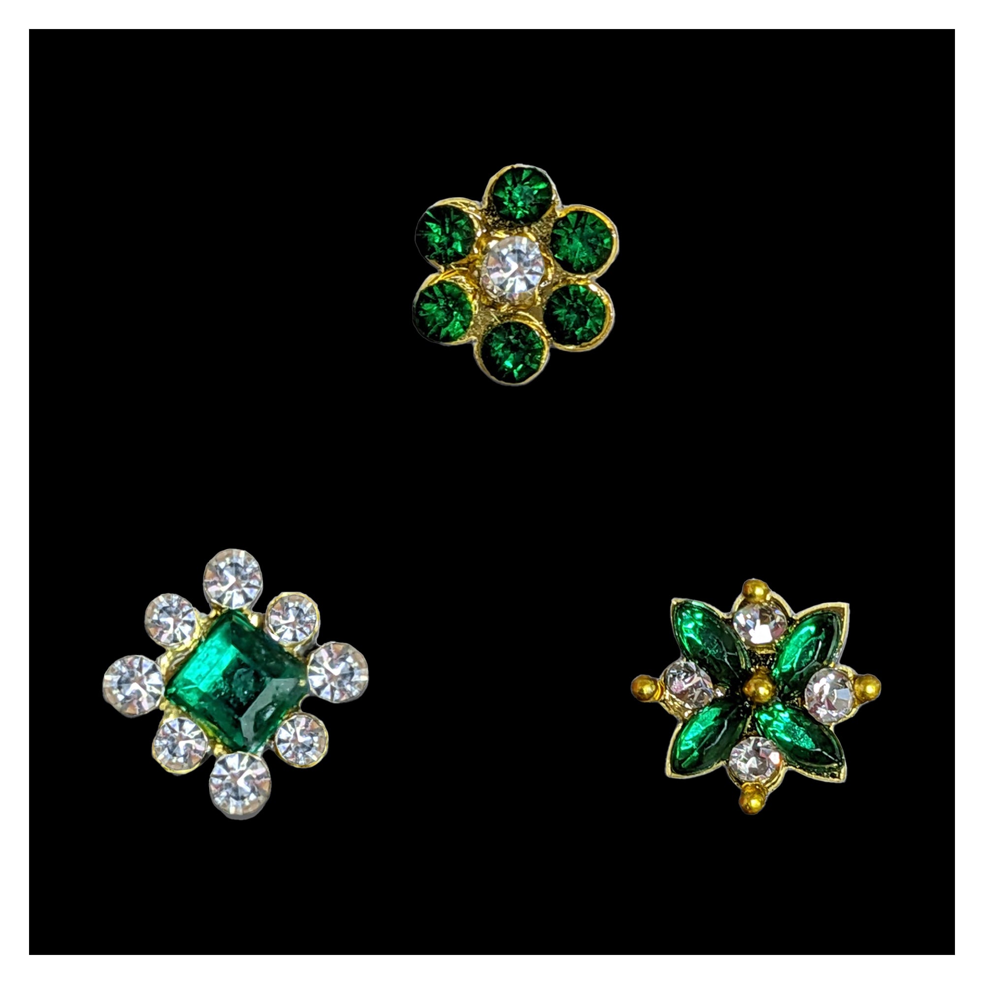 Comet Busters golden floral nose stud with six deep green crystal stones surrounding a clear center stone for women and girls