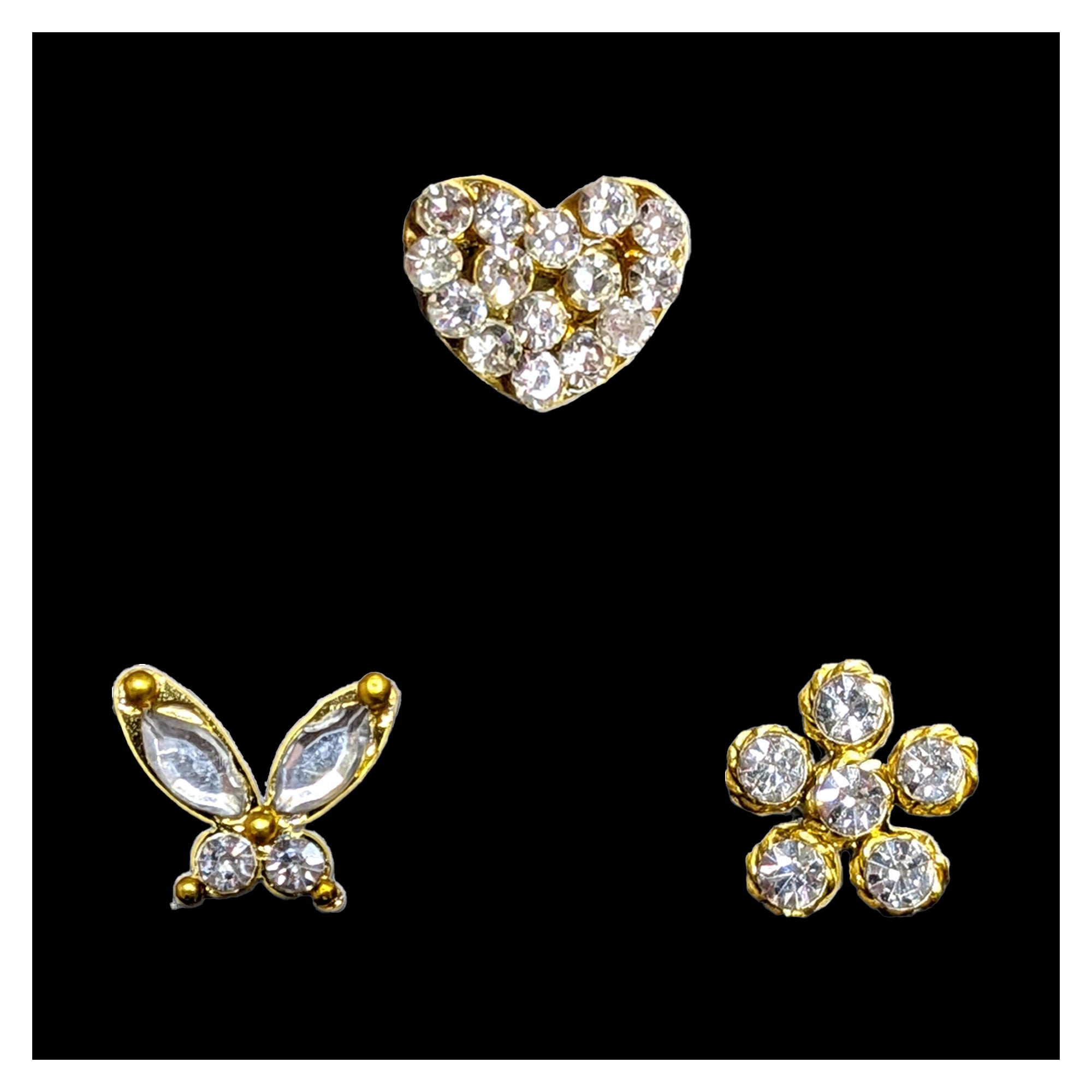 Comet Busters golden heart-shaped nose stud covered with sparkling clear crystal stones for women and girls