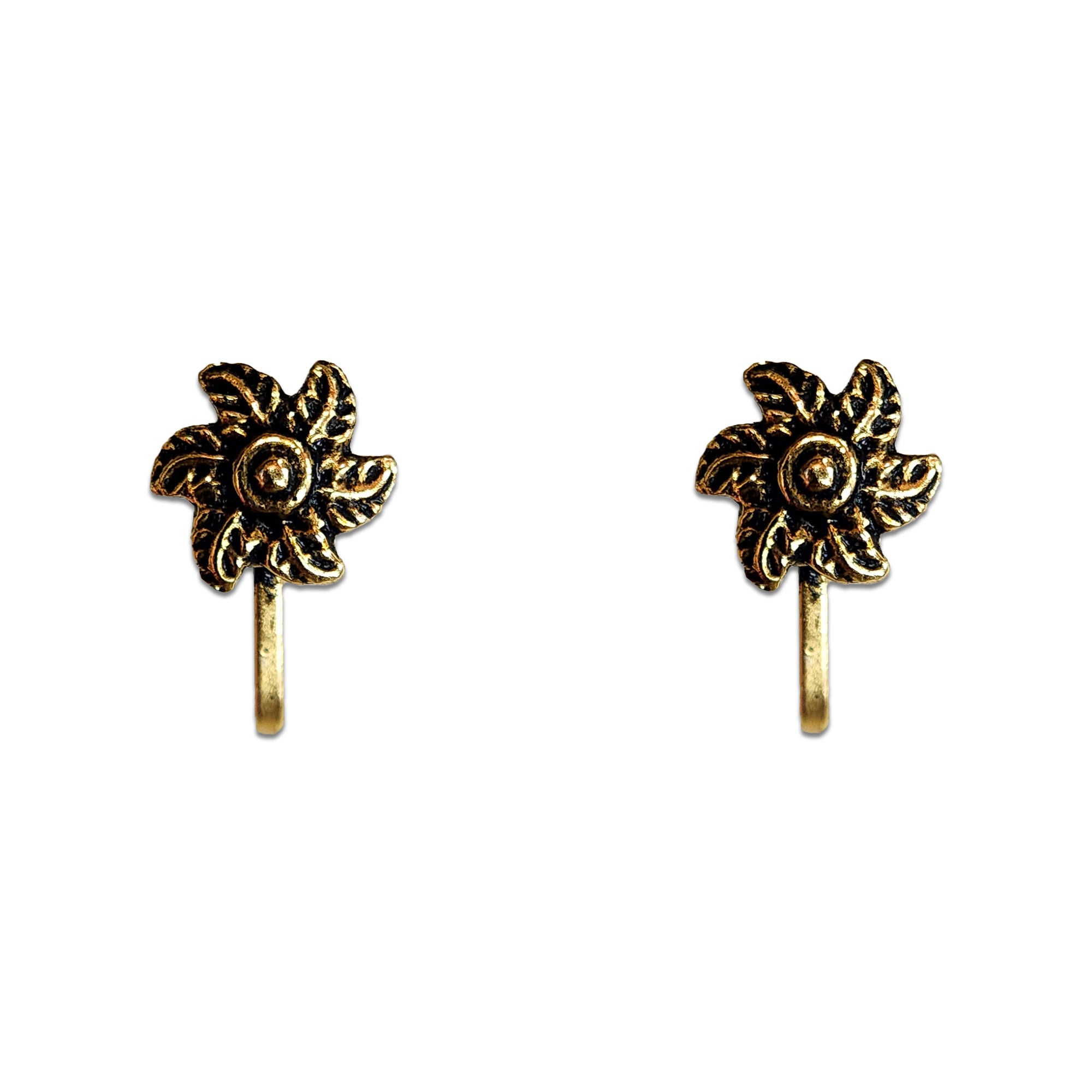 Comet Busters golden floral nose stud featuring an intricate layered flower design with curved leaf-like petals, detailed center and sleek stick fitting, perfect for traditional and festive ethnic looks.