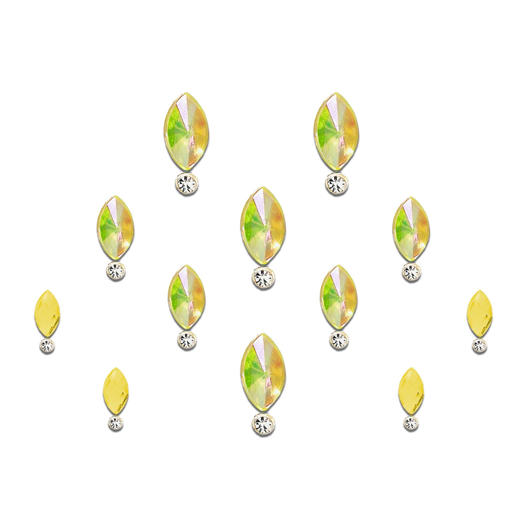 Comet Busters Golden Navette Crystal Bindi featuring an iridescent yellow-gold marquise crystal with a sparkling round crystal accent, self-adhesive designer bindi for women and girls, perfect for weddings, festivals, Navratri, Haldi ceremonies, parties, and elegant ethnic or fusion styling.
