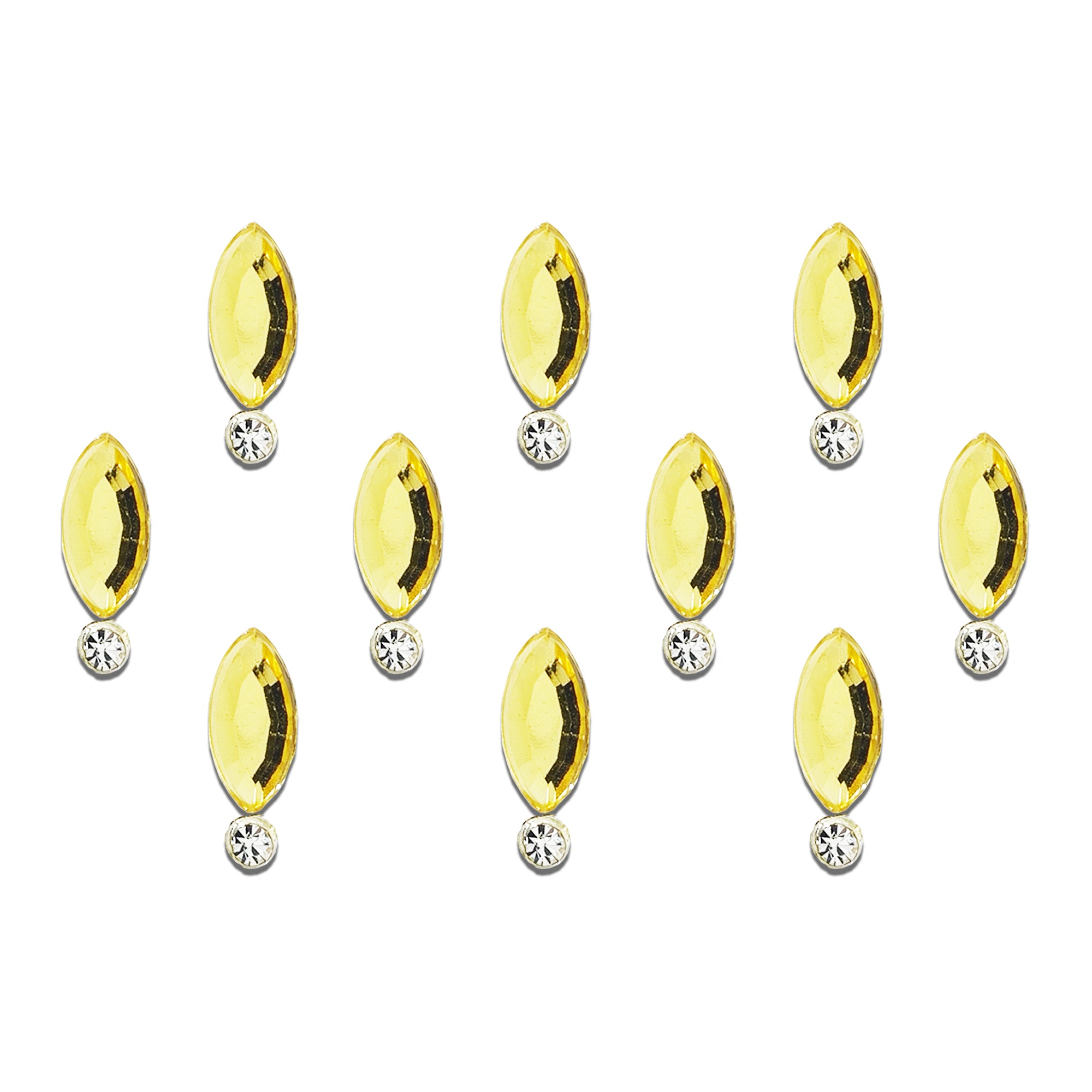 Comet Busters golden navette-shaped mirror bindi featuring a glossy gold-finish marquise stone with a sparkling round rhinestone accent. Premium self-adhesive designer bindi for women and girls, perfect for weddings, festivals, Navratri, Diwali, bridal wear, classical dance performances, parties, and traditional ethnic outfits.