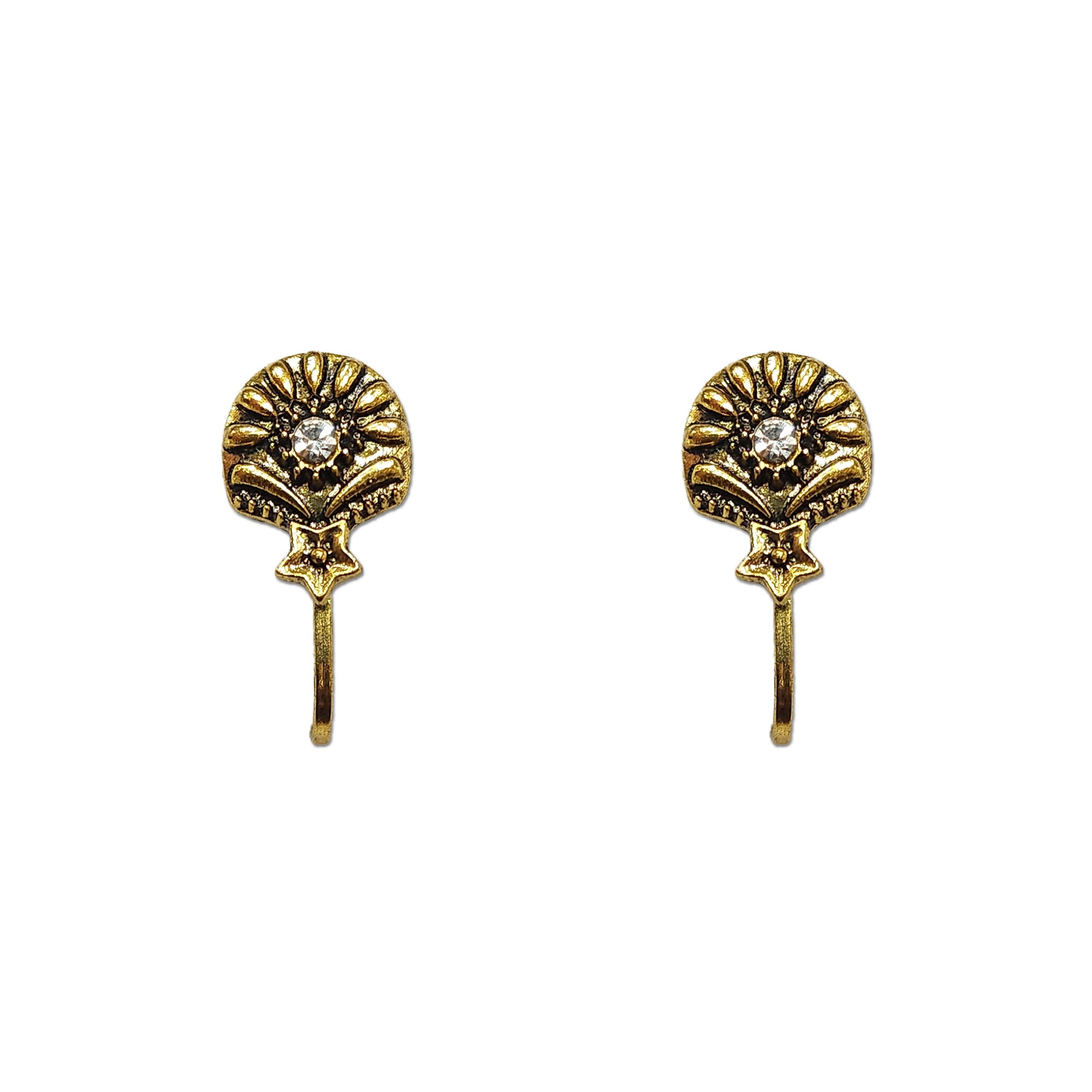 Comet Busters golden paisley-inspired nose stud featuring an intricate floral motif, embossed detailing, sparkling clear center crystal and a sleek clip-on fitting, perfect for traditional and festive looks.