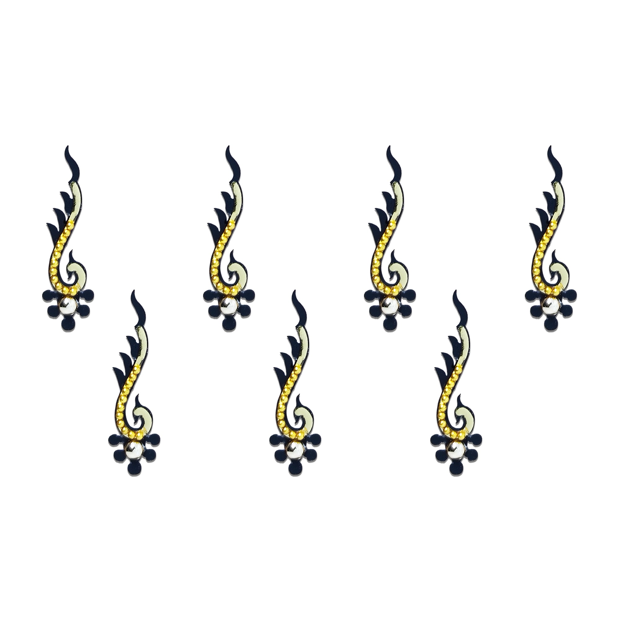 Comet Busters golden paisley floral designer bindi sheet featuring 7 reusable self-adhesive bindis with sparkling gold stone detailing, black floral accents, and a crystal center. Elegant forehead bindis for women and girls, ideal for festive wear, weddings, traditional outfits, parties, and ethnic fashion styling.