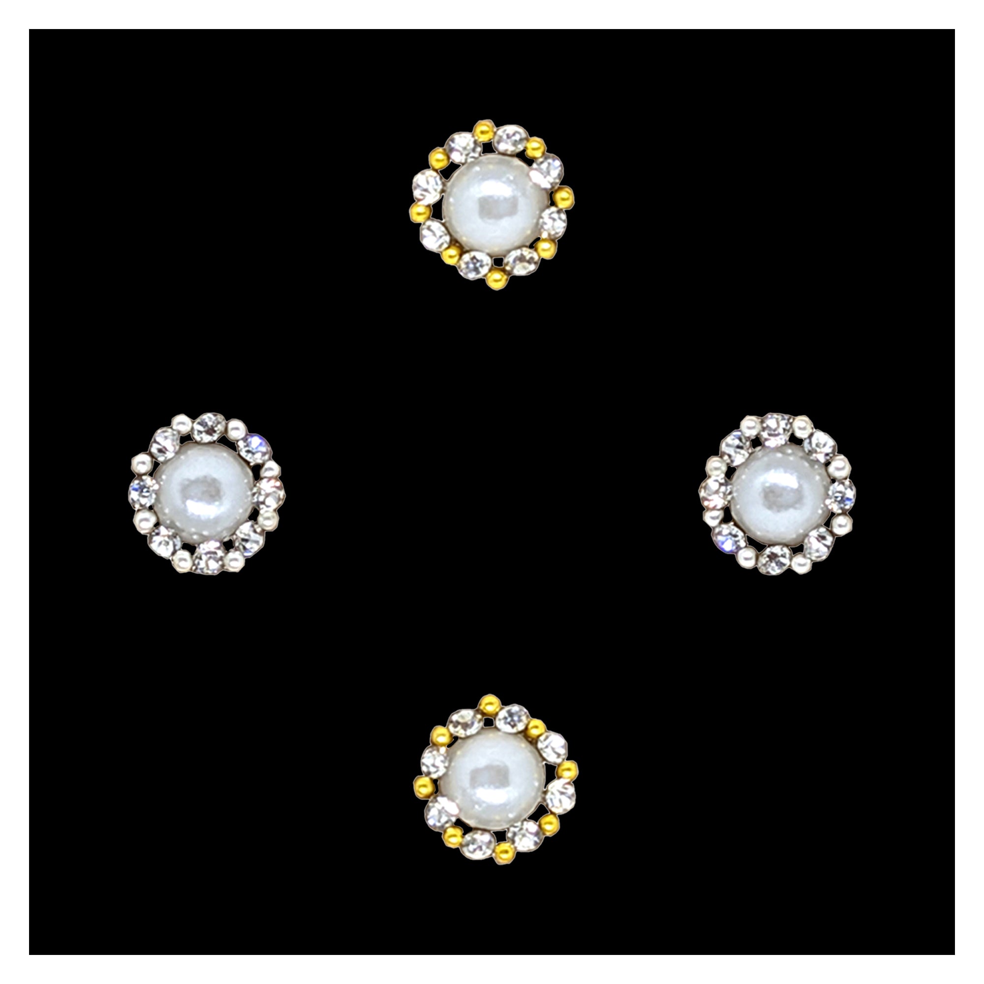 Comet Busters golden pearl nose stud with a round white pearl surrounded by sparkling clear crystals and gold bead accents for women and girls