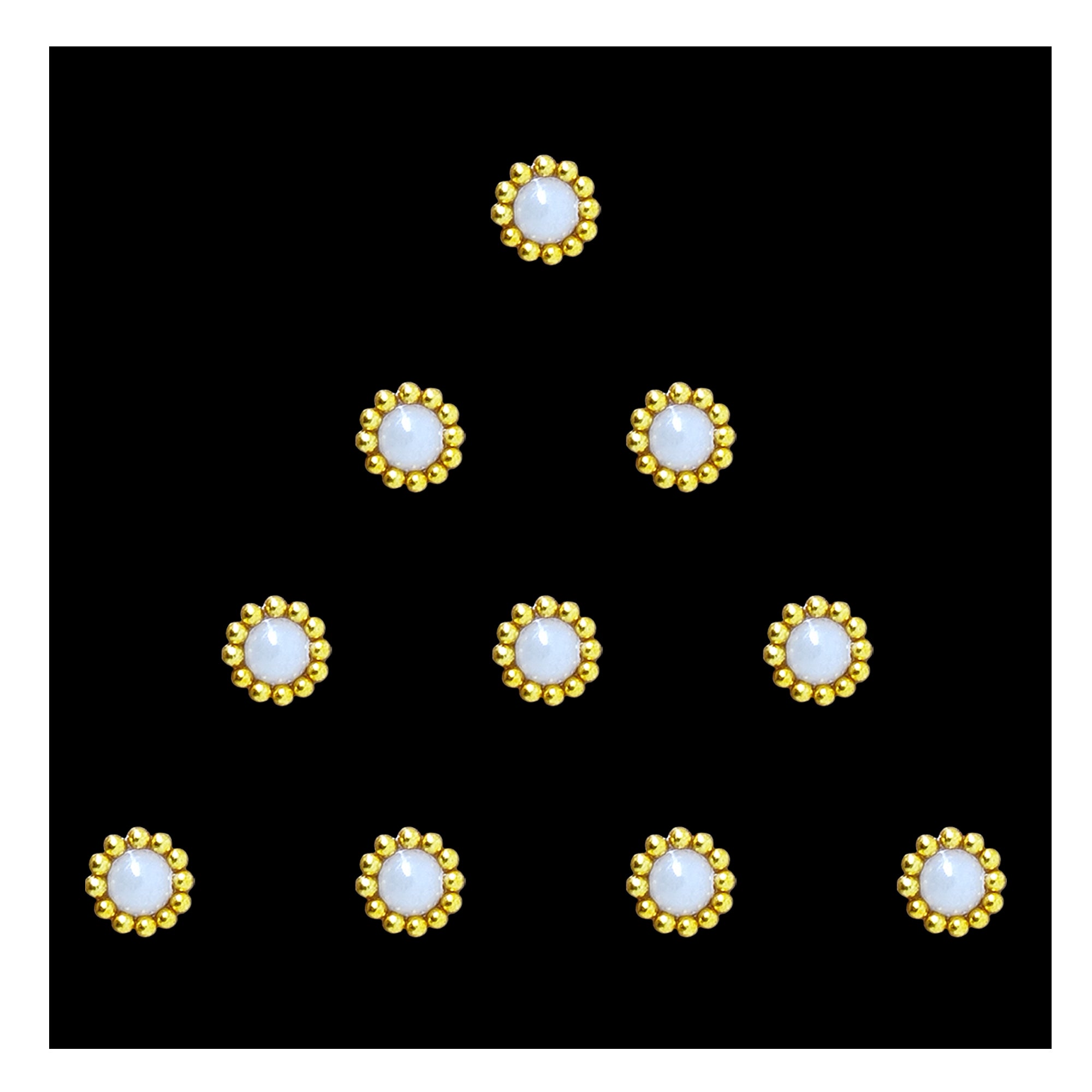 Comet Busters Golden Pearl Halo Bindi featuring a glossy white pearl center encircled by a halo of polished gold micro beads, self-adhesive designer bindi for women and girls, perfect for weddings, bridal wear, festivals, traditional ceremonies, cultural events, and elegant ethnic or fusion styling.