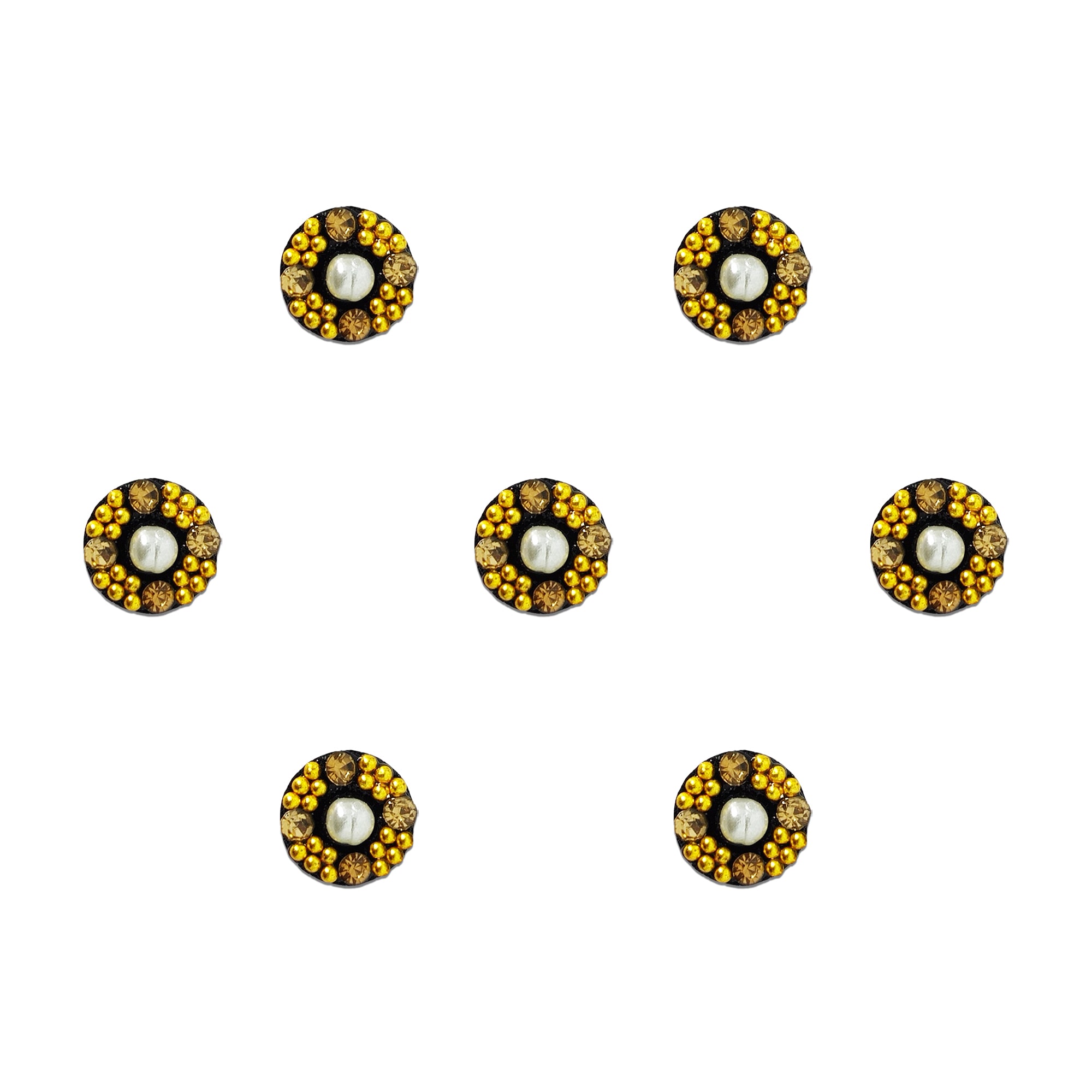 Comet Busters golden pearl halo bindis featuring round black bindis with a central pearl stone surrounded by golden rhinestones in a circular floral pattern on premium kraft packaging, elegant self-adhesive festive bindi set for women and girls.