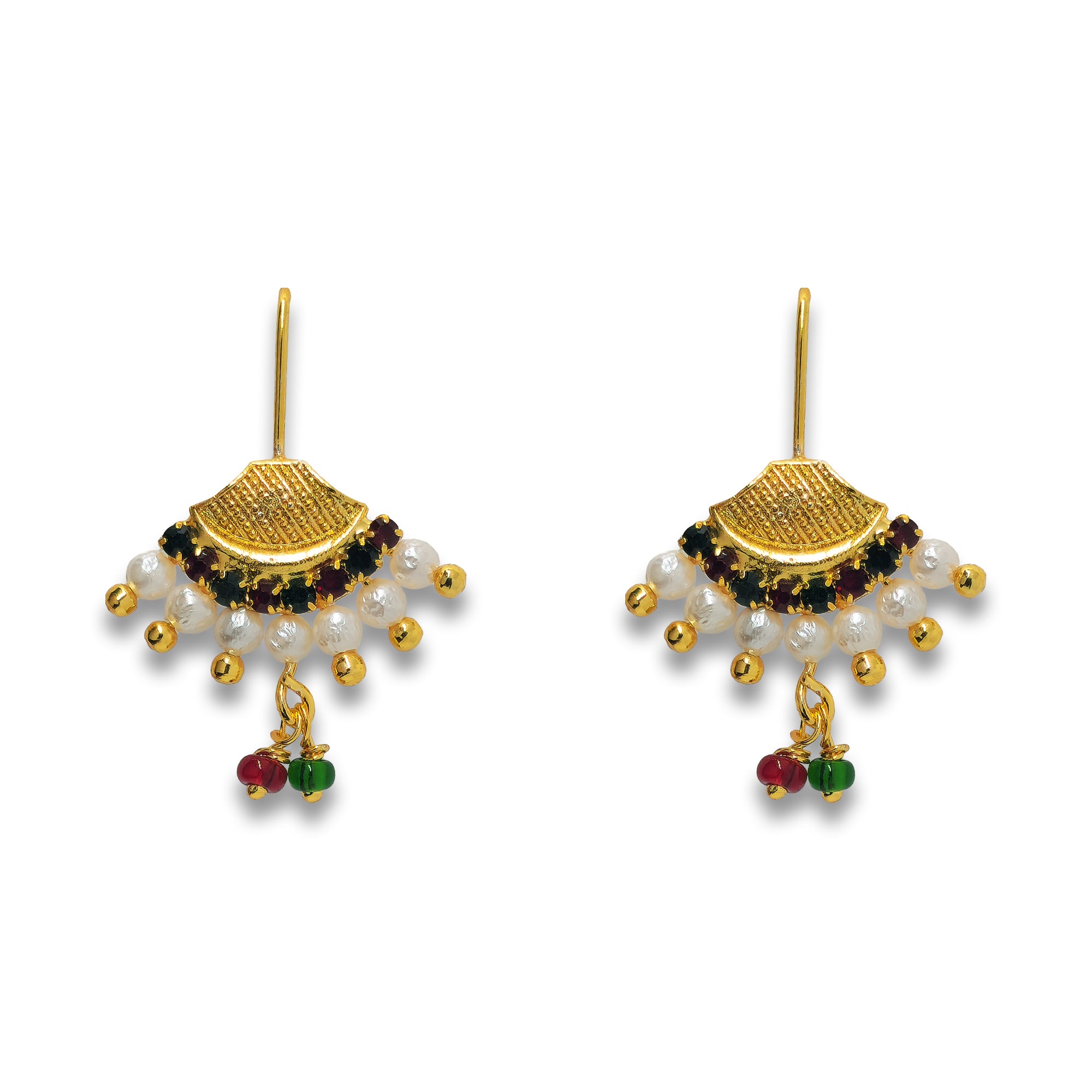 Comet Busters golden designer earcuff with pink crystal accents, white pearl beads, golden bead detailing, and hanging pearl charms on a white background