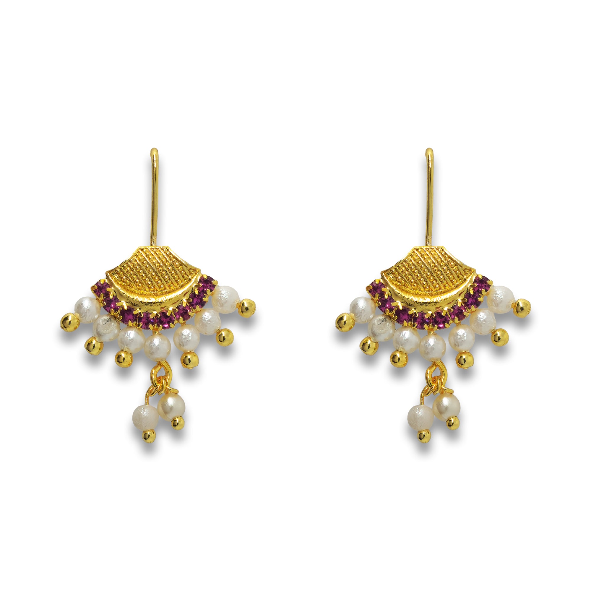Comet Busters golden designer earcuff with pink crystal accents, white pearl beads, golden bead detailing, and hanging pearl charms on a white background