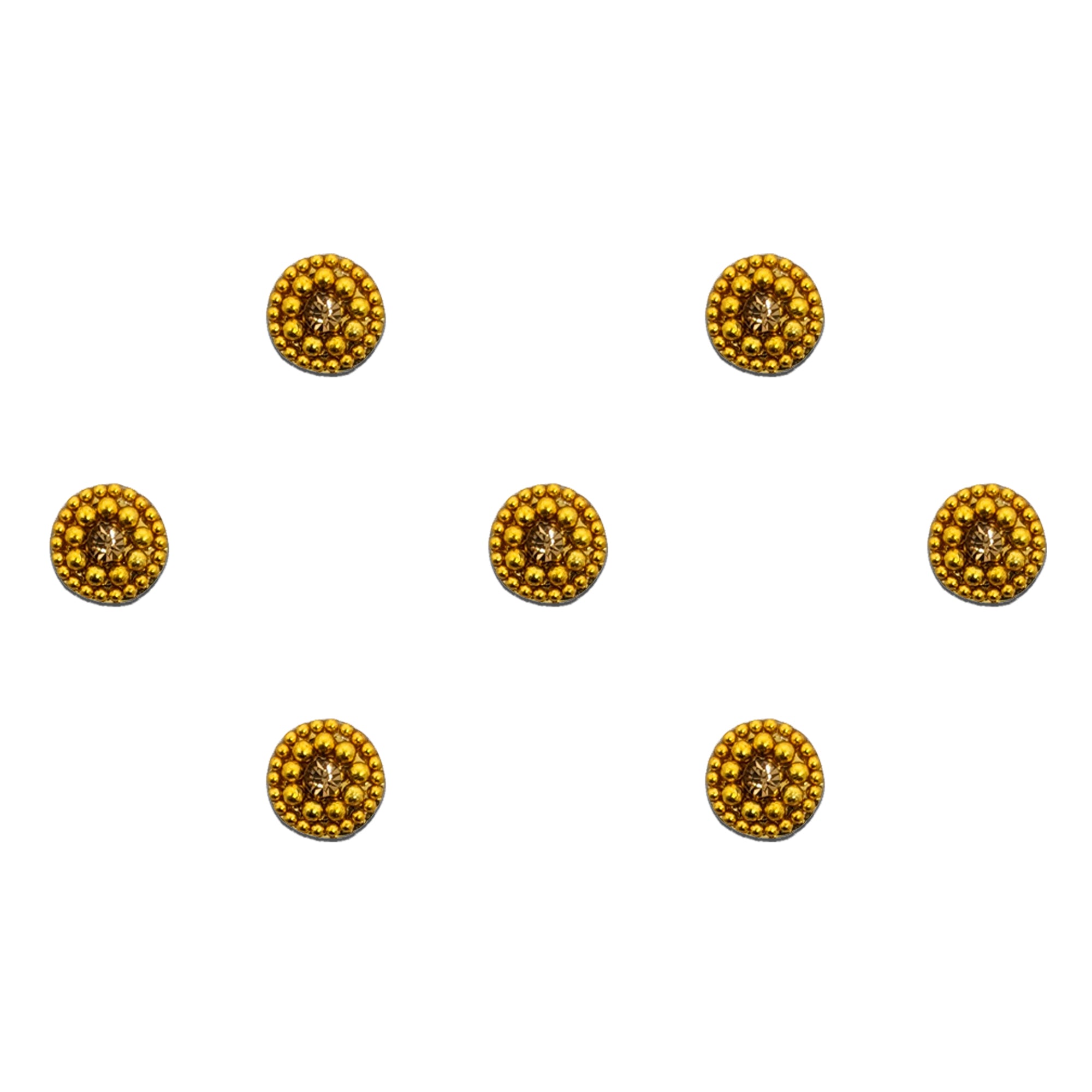 Comet Busters premium golden round bindis featuring antique gold bead detailing with a sparkling central stone in an elegant traditional designer pattern for festive and ethnic wear styling.