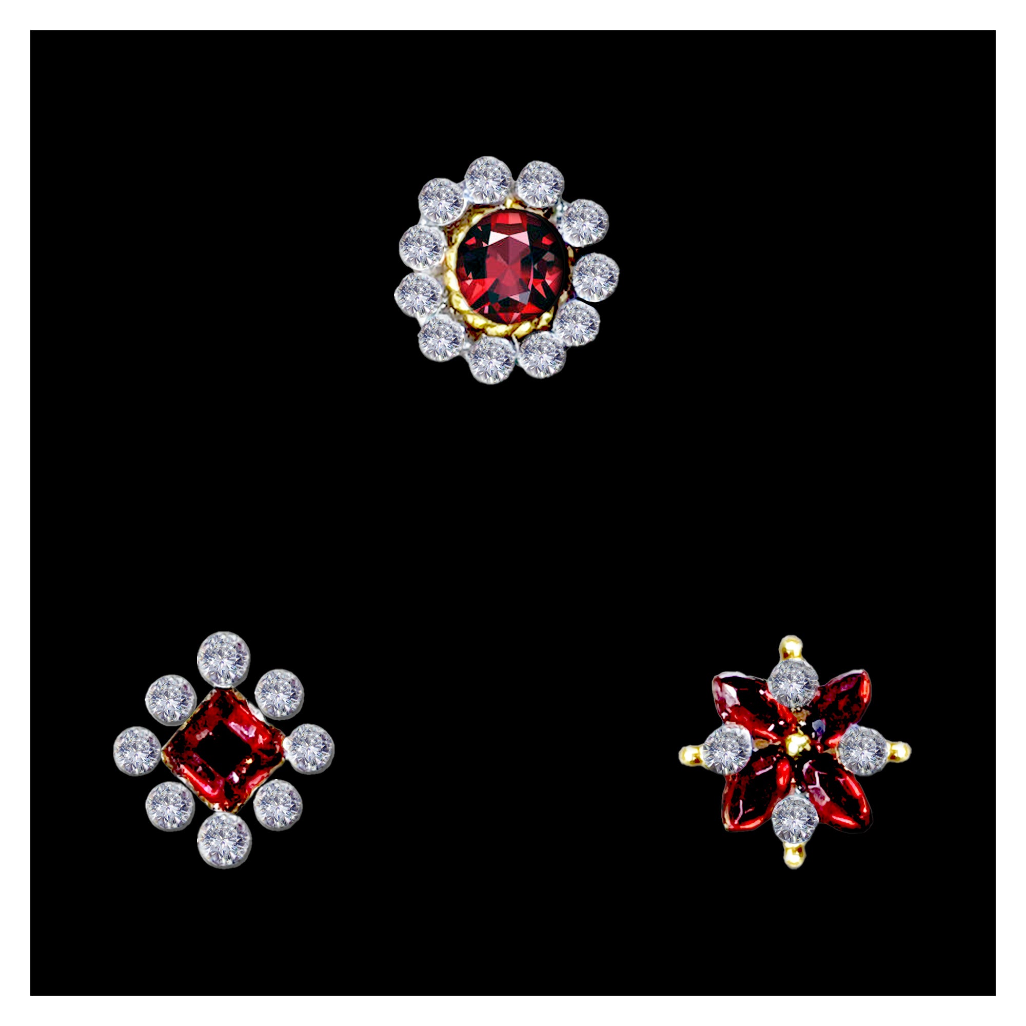 Comet Busters golden nose stud with a deep red round crystal surrounded by sparkling clear crystals for women and girls