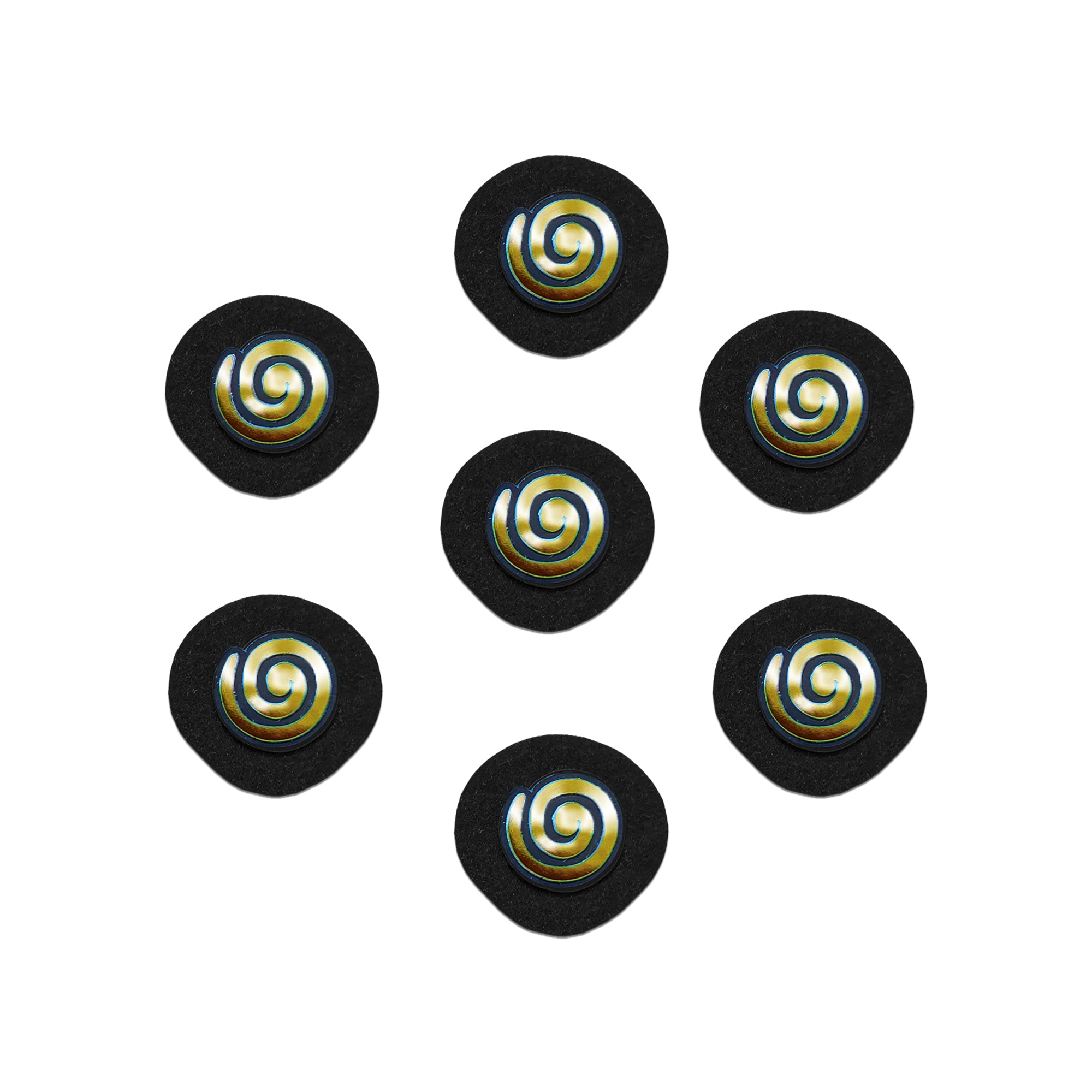 Comet Busters golden spiral designer bindis featuring glossy swirl artwork in metallic gold and black finish on round black base, ideal for festive and ethnic wear.