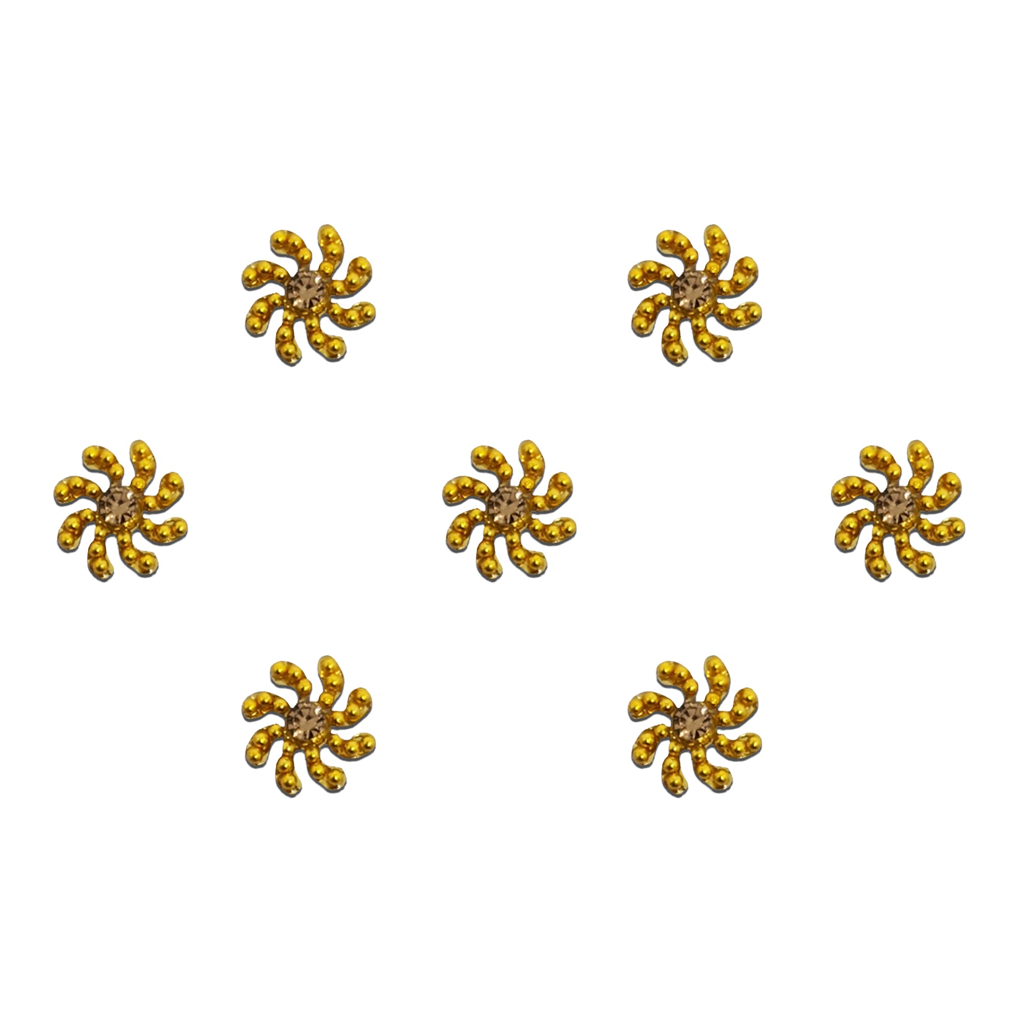 Comet Busters golden spiral floral bindis with crystal stone center in a traditional mini designer style for festive and ethnic wear.