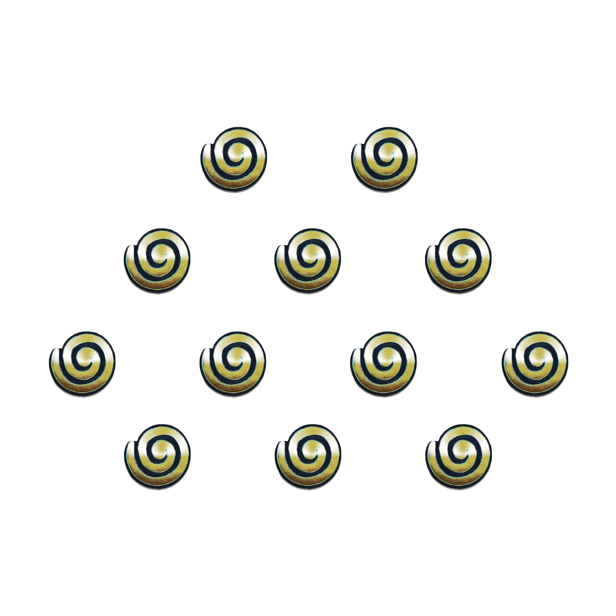 Comet Busters Golden spiral mini bindis featuring glossy metallic swirl design in a sleek round shape, perfect for everyday ethnic, festive, and fusion looks.