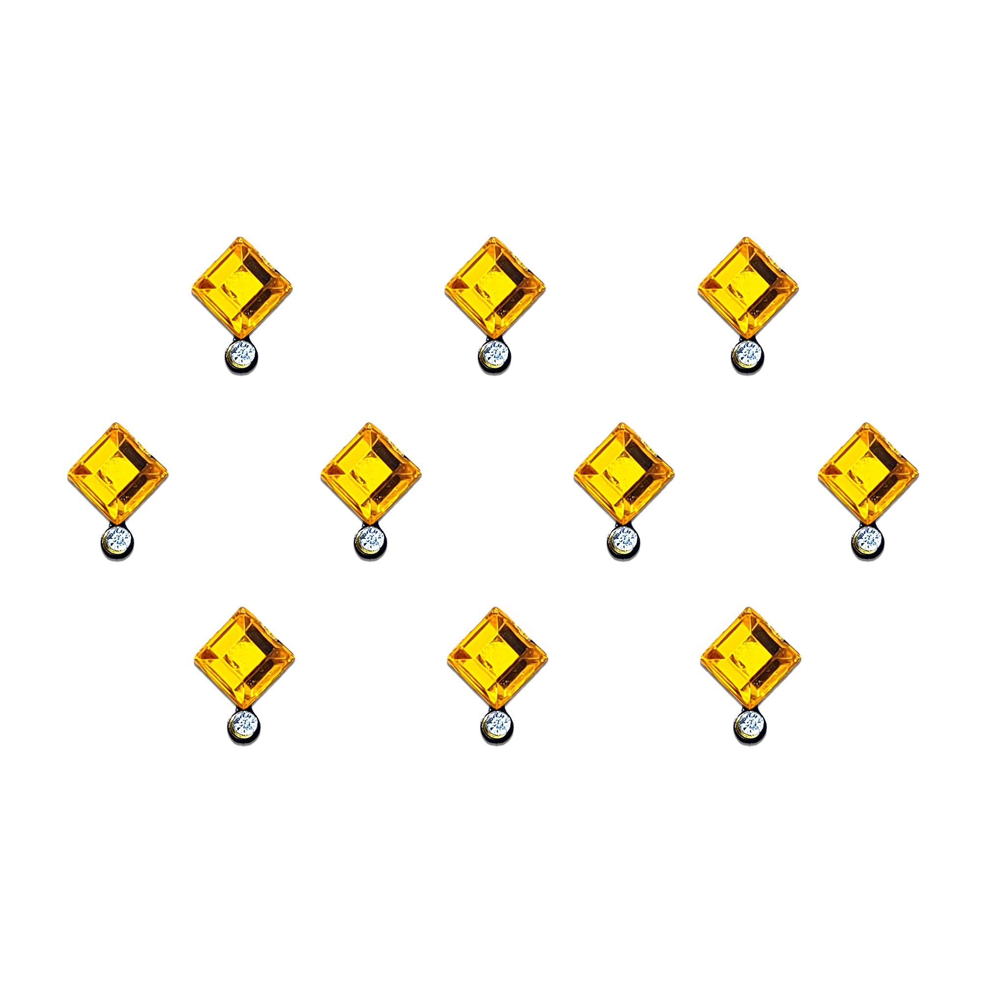 Comet Busters golden square crystal drop bindi featuring a premium geometric yellow-gold square rhinestone accented with a sparkling round white crystal drop. Elegant self-adhesive fancy bindi for women and girls, ideal for weddings, bridal wear, festivals, Navratri, Diwali, Haldi ceremonies, traditional Indian outfits, ethnic wear, parties, and everyday styling.