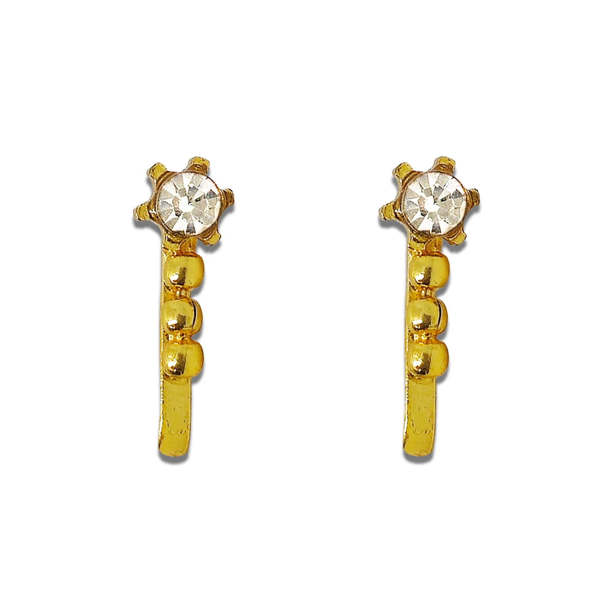 Comet Busters golden nose stud featuring a round clear crystal centerpiece with a subtle starburst design and three raised golden bead accents along the side, with a sleek stick fitting for a traditional elegant look.