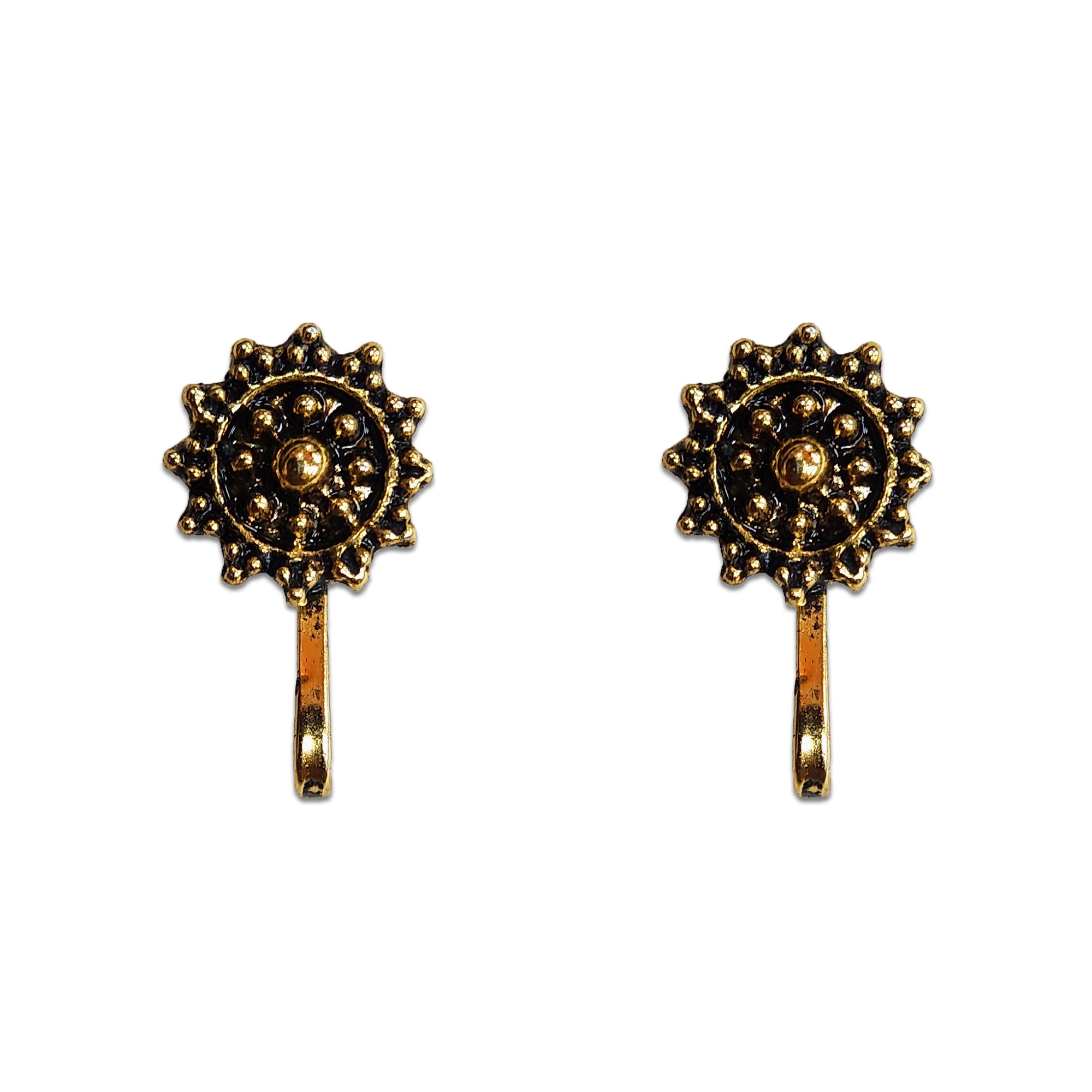 Comet Busters golden sunburst nose stud featuring an intricate circular design with raised bead detailing, antique-inspired finish and a sleek stick fitting, ideal for traditional and festive looks.