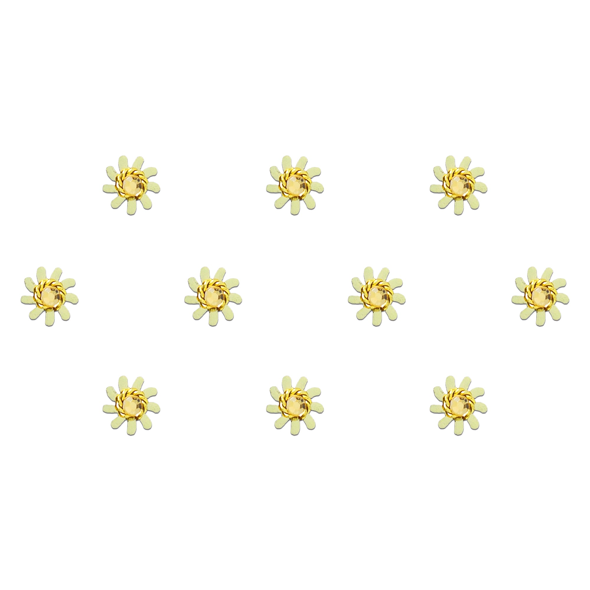 Comet Busters Golden Sunflower Crystal Bindi featuring a delicate gold-tone floral design with a sparkling faceted crystal center, self-adhesive designer bindi for women and girls, perfect for weddings, festive celebrations, Navratri, Diwali, traditional occasions, and elegant ethnic or fusion styling.