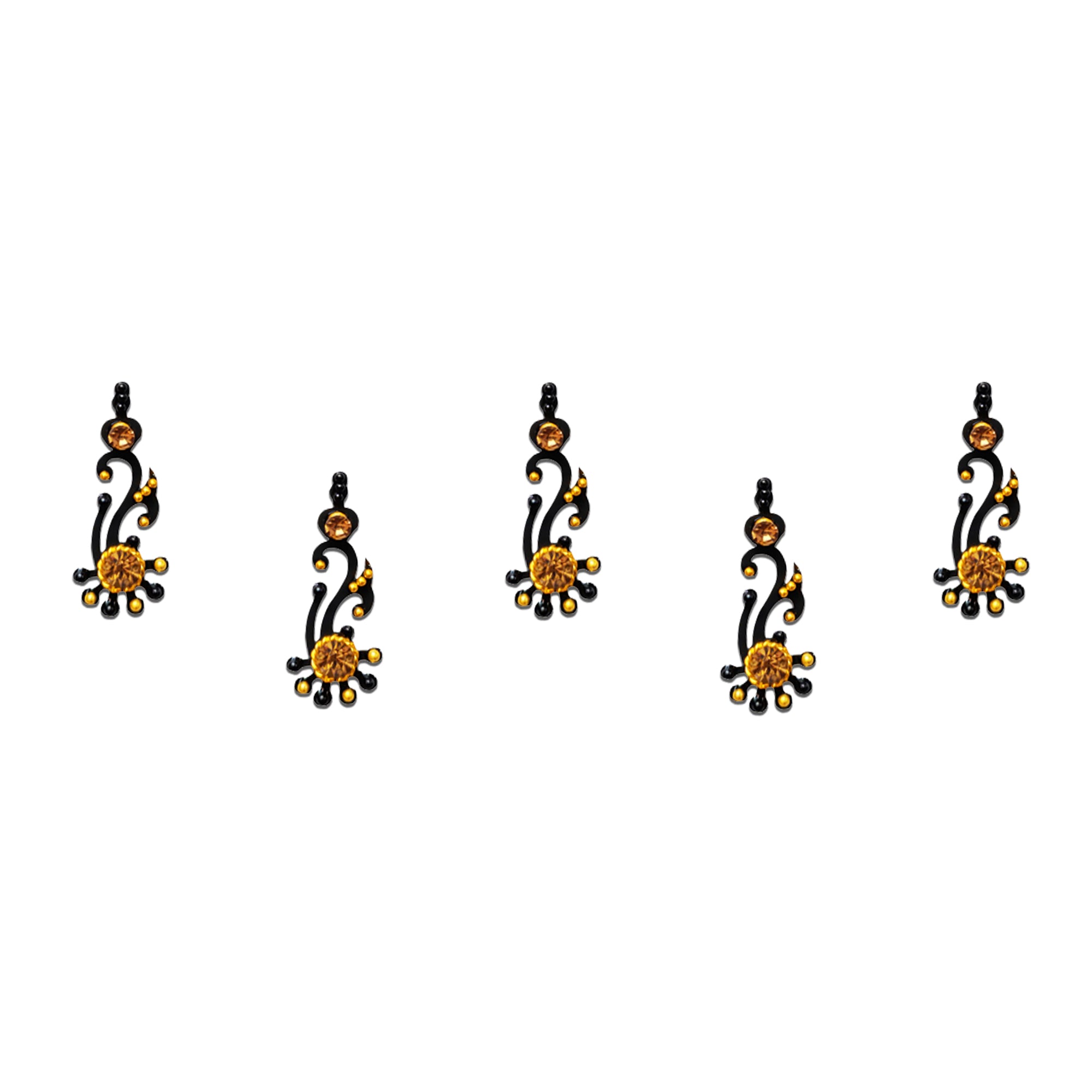 Comet Busters Golden Swirl Designer Bindi for Women and Girls, elegant black swirl-pattern bindi embellished with golden stones and decorative accents, reusable designer forehead accessory for festive, party, wedding and traditional ethnic wear.