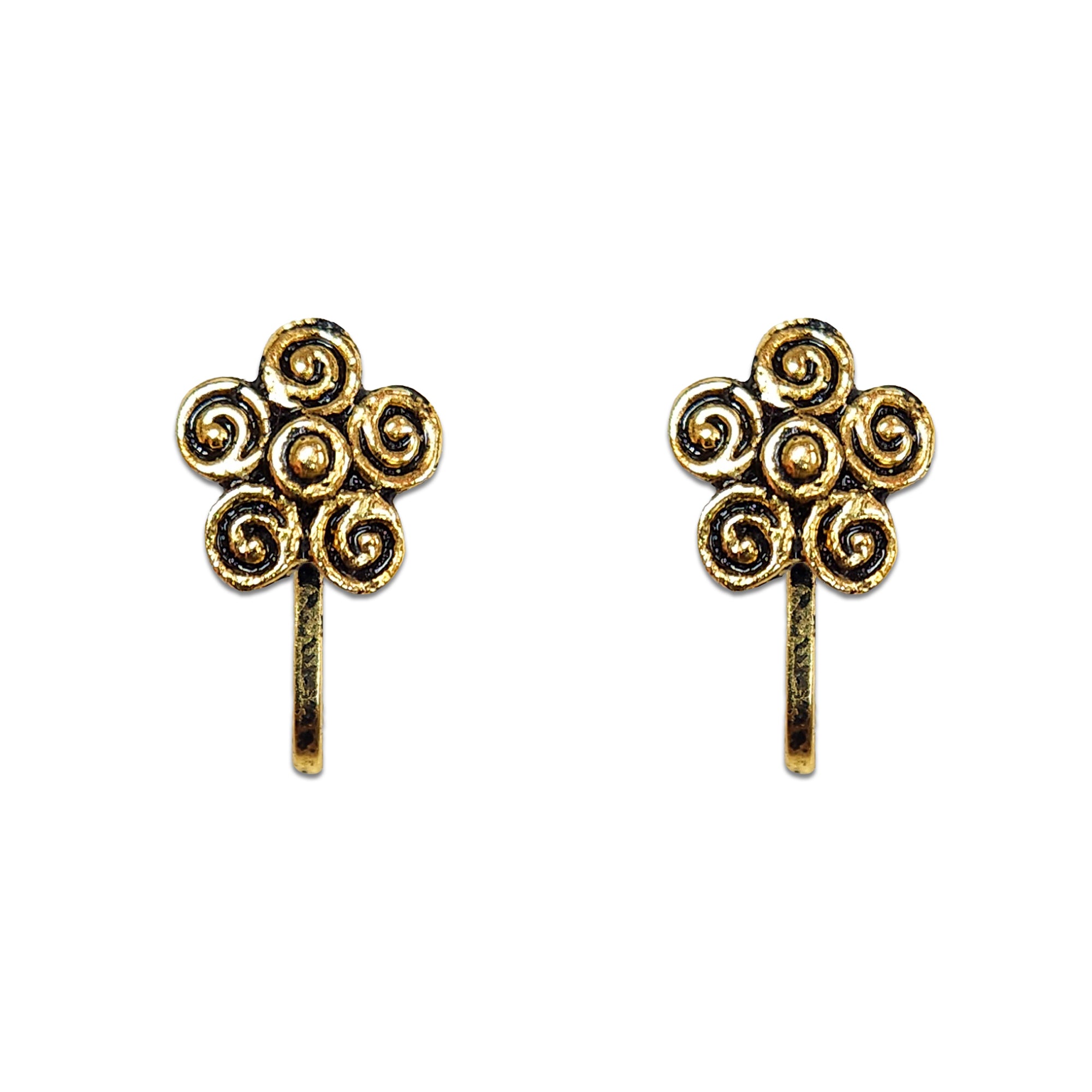 Comet Busters golden floral nose stud featuring five rounded petals with intricate spiral swirl detailing and a raised center, paired with a sleek stick fitting for traditional and ethnic looks.