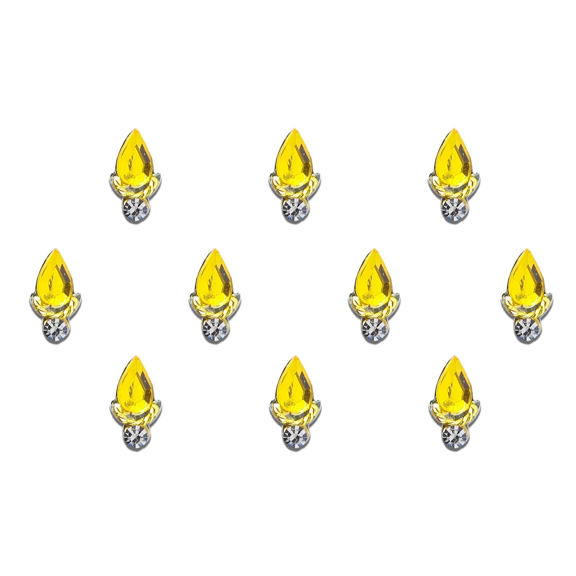 Comet Busters golden teardrop-shaped crystal bindi featuring a faceted gold gemstone, an elegant lotus-inspired metallic base, and a sparkling round rhinestone accent. Premium self-adhesive designer bindi for women and girls, perfect for weddings, festivals, Navratri, Diwali, bridal wear, classical dance performances, parties, and traditional ethnic outfits.