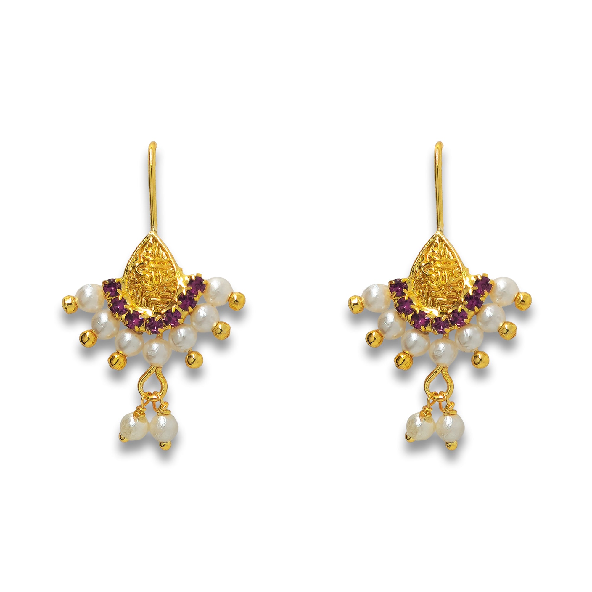 Comet Busters golden teardrop designer ear studs with magenta crystal detailing, white pearl beads and delicate dangling pearl charms.