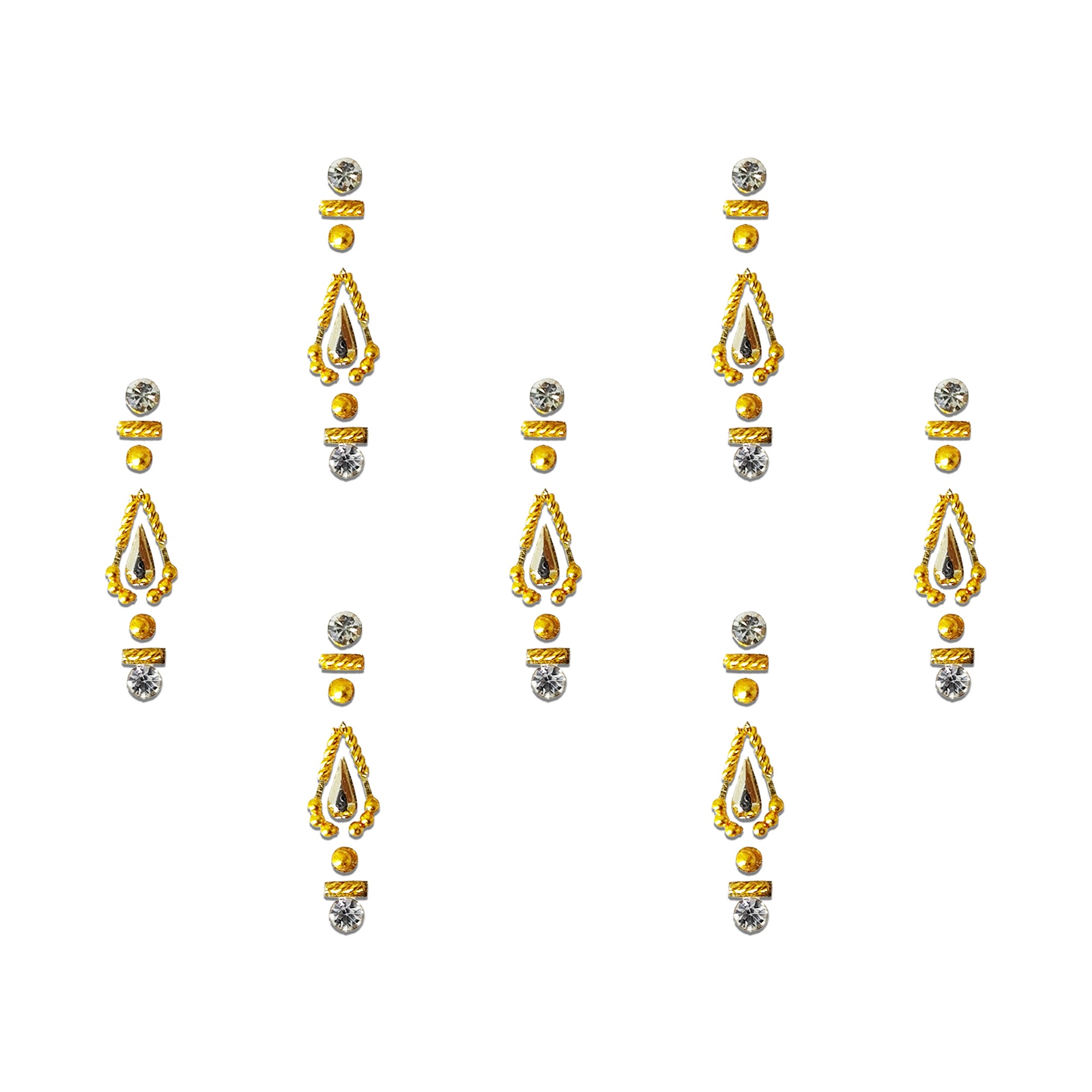 Comet Busters golden teardrop designer bindi set featuring 6 reusable self-adhesive bindis with clear crystal stones, gold detailing, and an elegant ethnic design. Perfect for weddings, festivals, parties, traditional wear, and special occasions for women and girls.