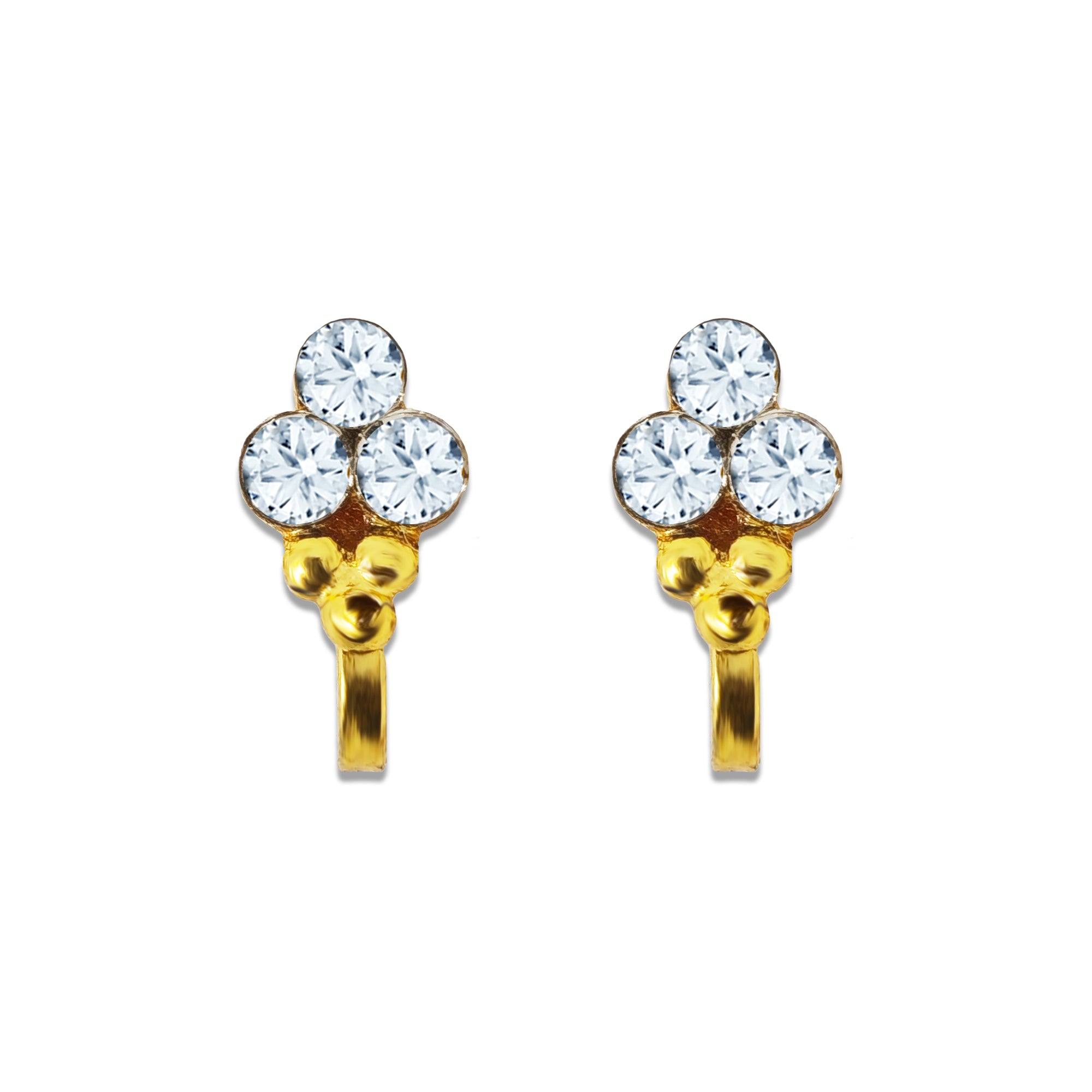 Comet Busters golden nose stud featuring three round clear crystal stones arranged in a triangular cluster with a detailed golden base and sleek stick fitting, perfect for elegant traditional and festive looks.