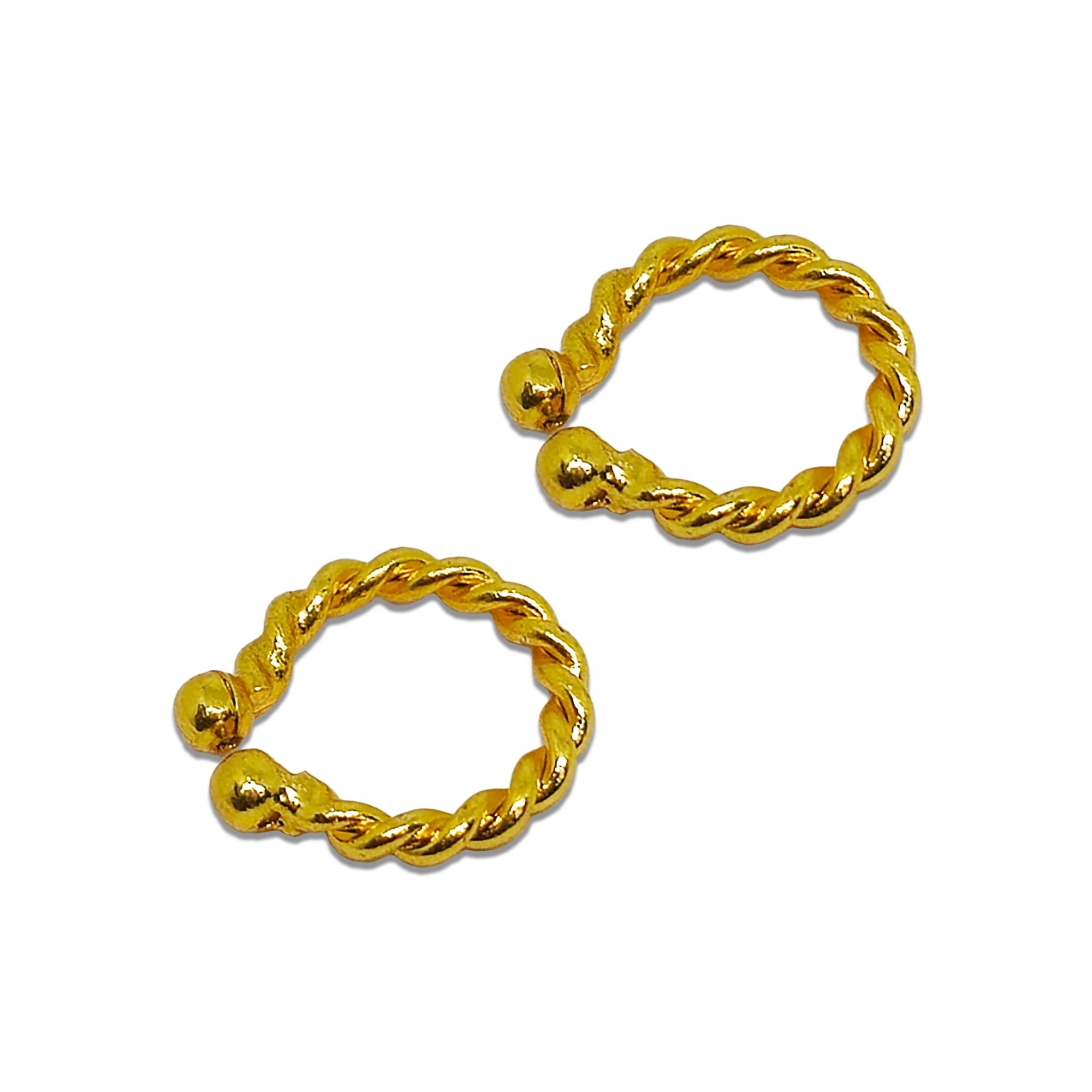 Comet Busters golden hoop nose stud featuring a twisted rope-style circular design with rounded bead accents at the opening, creating a simple yet traditional look.