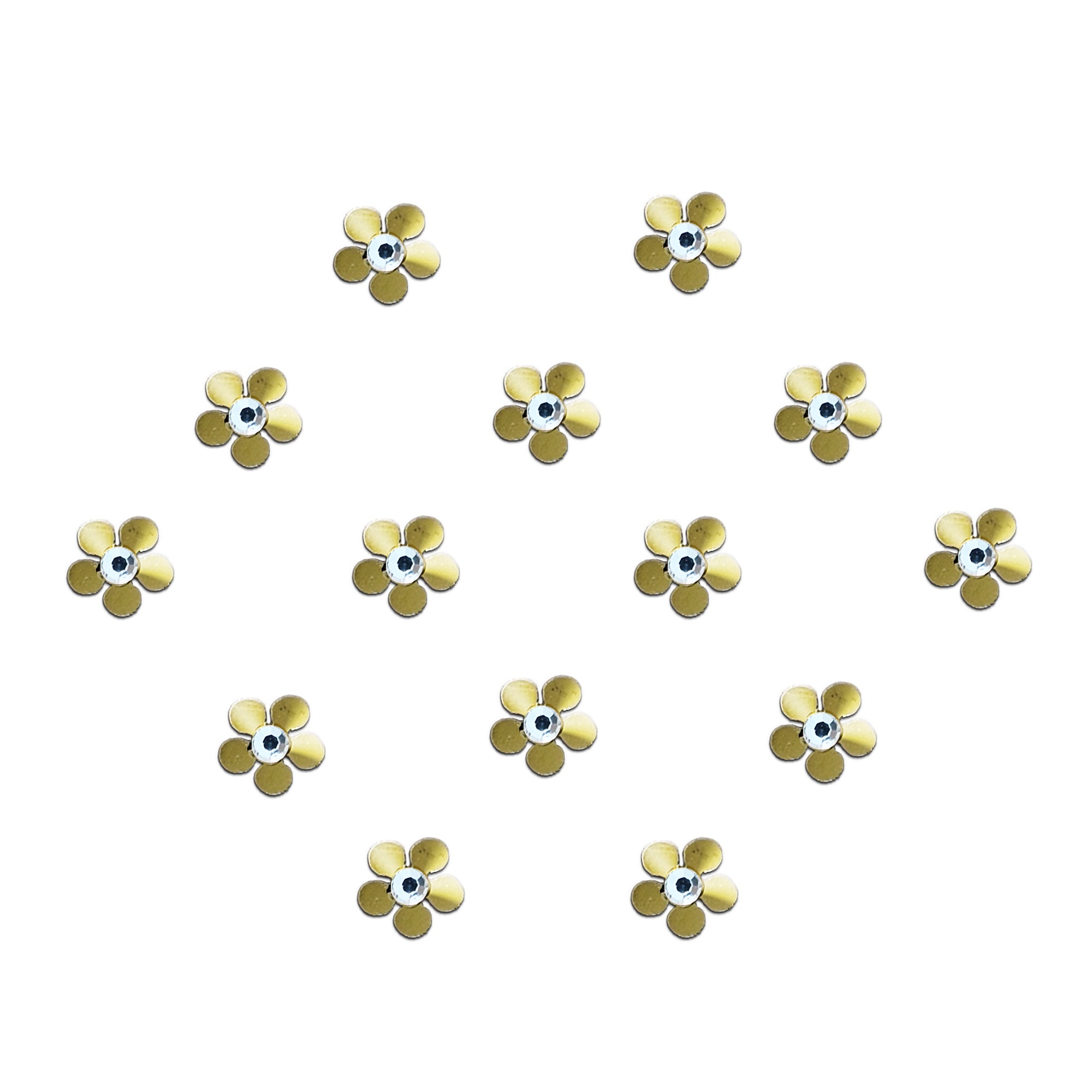 Golden floral designer bindi with petal-shaped detailing and sparkling crystal stone center, elegant stick-on forehead accessory for festive and ethnic wea