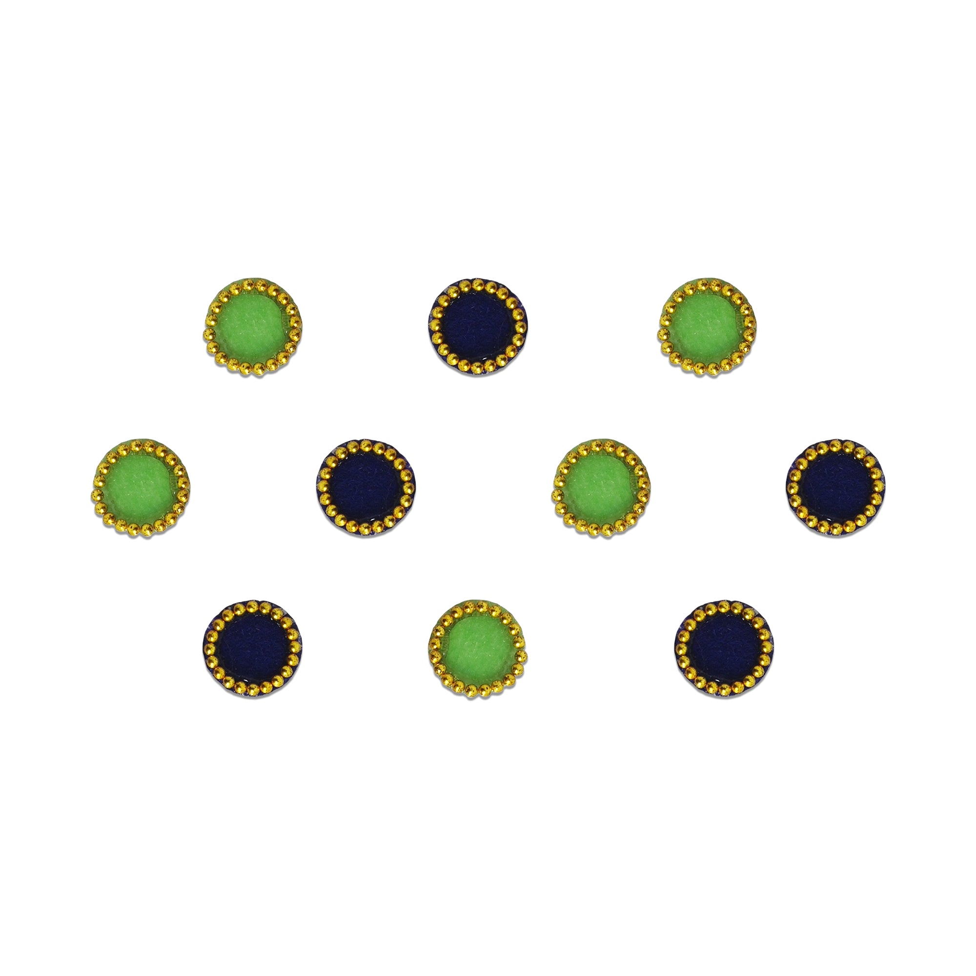 Comet Busters Emerald & Purple Velvet Dot Bindi featuring alternating emerald green and sapphire blue round velvet bindis with an elegant gold beaded border. Self-adhesive designer bindis for women and girls, perfect for daily wear, office, festive celebrations, Navratri, Diwali, weddings, Karwa Chauth, temple visits, cultural events, and traditional or Indo-western ethnic outfits.