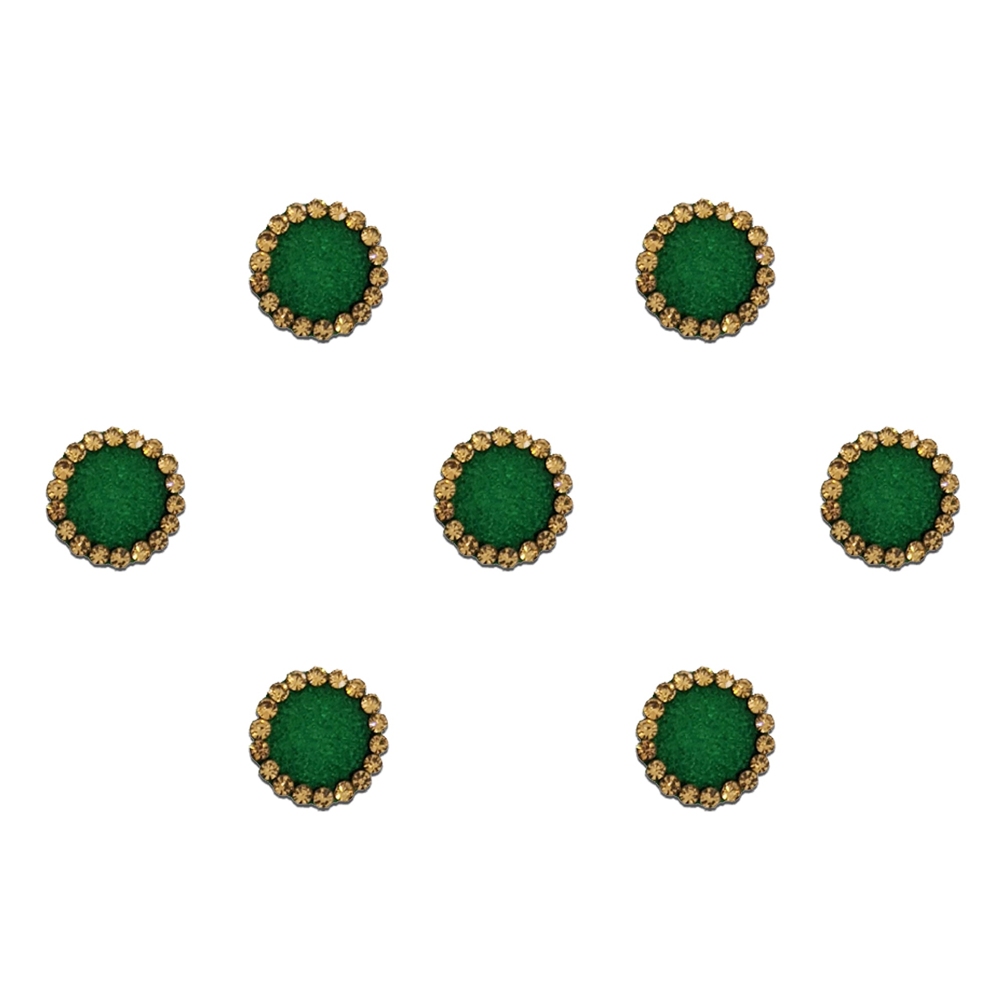 Comet Busters green round bindis featuring sparkling crystal stone borders in an elegant premium designer style for festive, bridal, and ethnic wear.