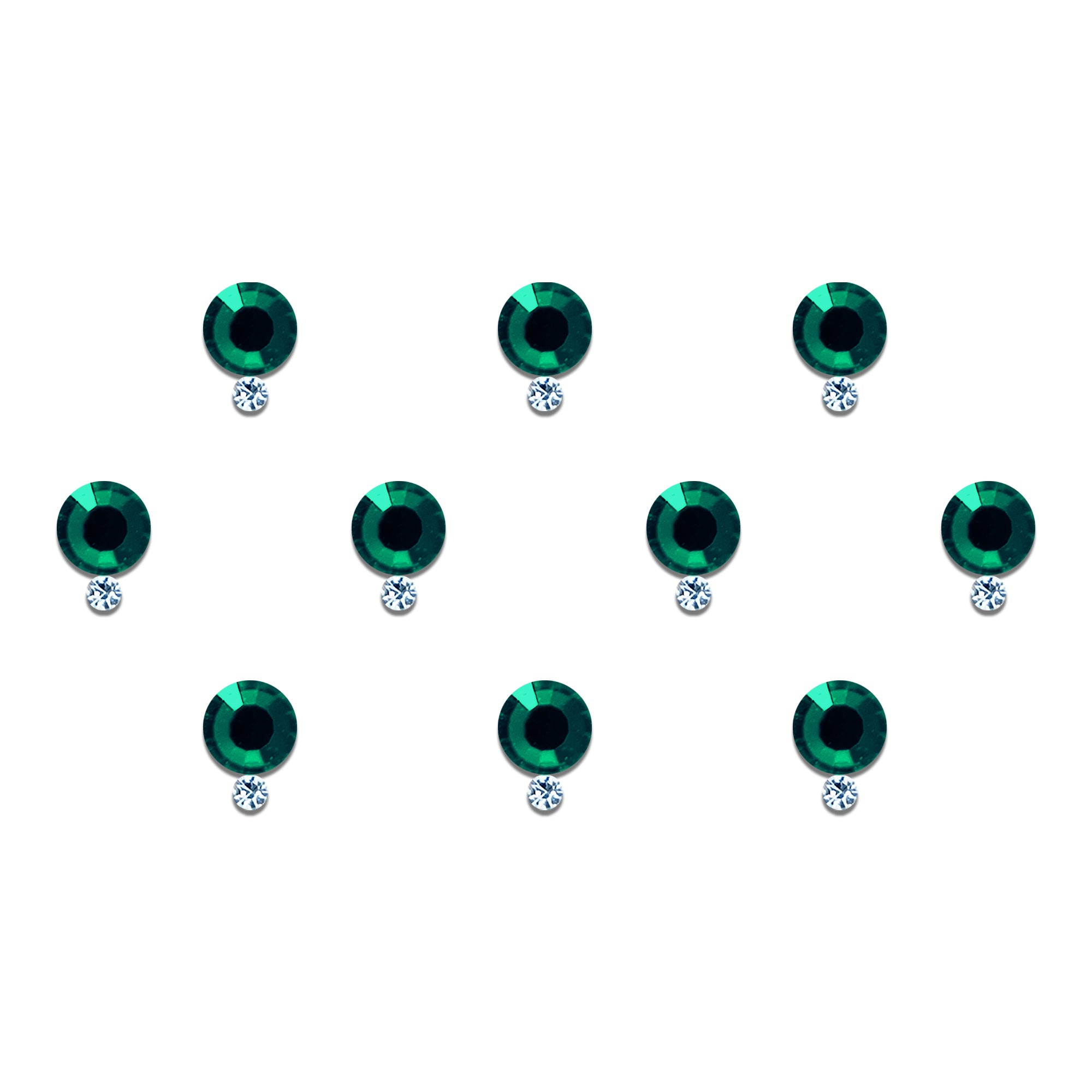 Comet Busters emerald green round stone bindi with sparkling crystal drop, self-adhesive designer forehead bindi for women and girls, elegant emerald green fashion bindi ideal for weddings, festivals, traditional wear, ethnic outfits, Navratri, Diwali, parties, cultural events, and special occasions.