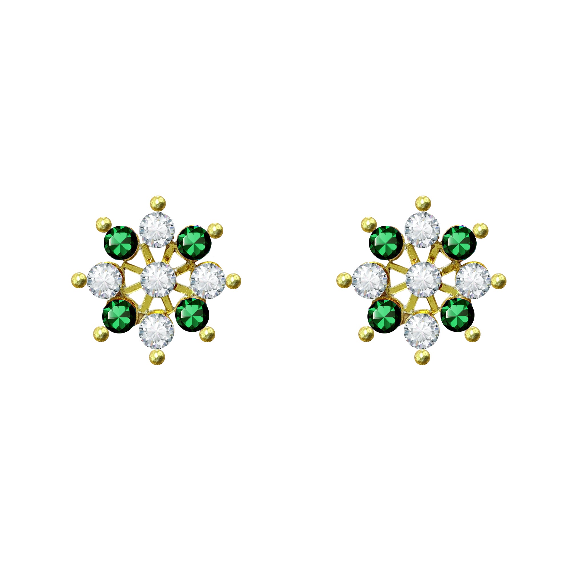Comet Busters Green and Clear Crystal Floral Ear Stud with Golden Detailing and Sparkling Rhinestones for Women and Girls