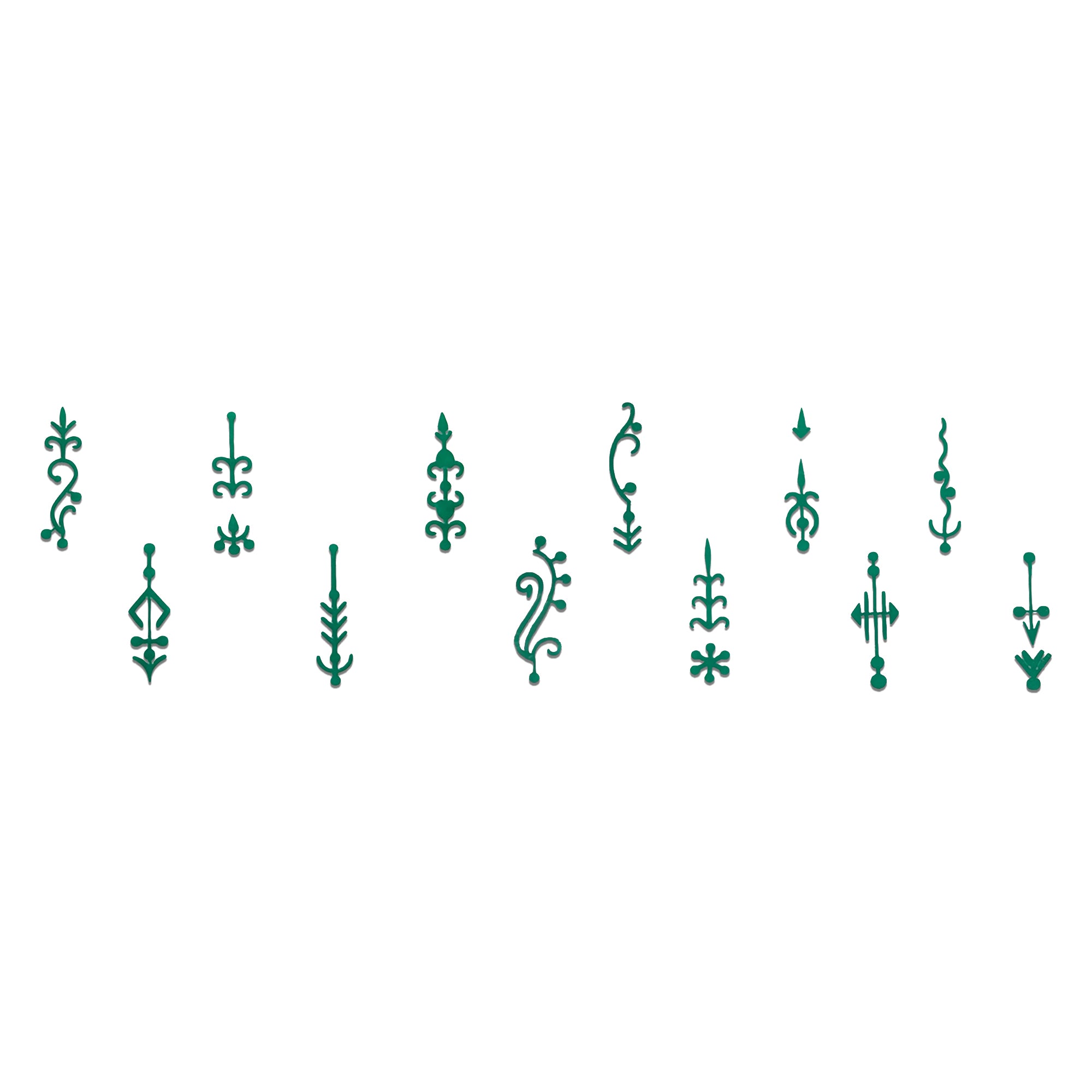 Comet Busters green designer bindi collection featuring assorted traditional vertical forehead bindi designs