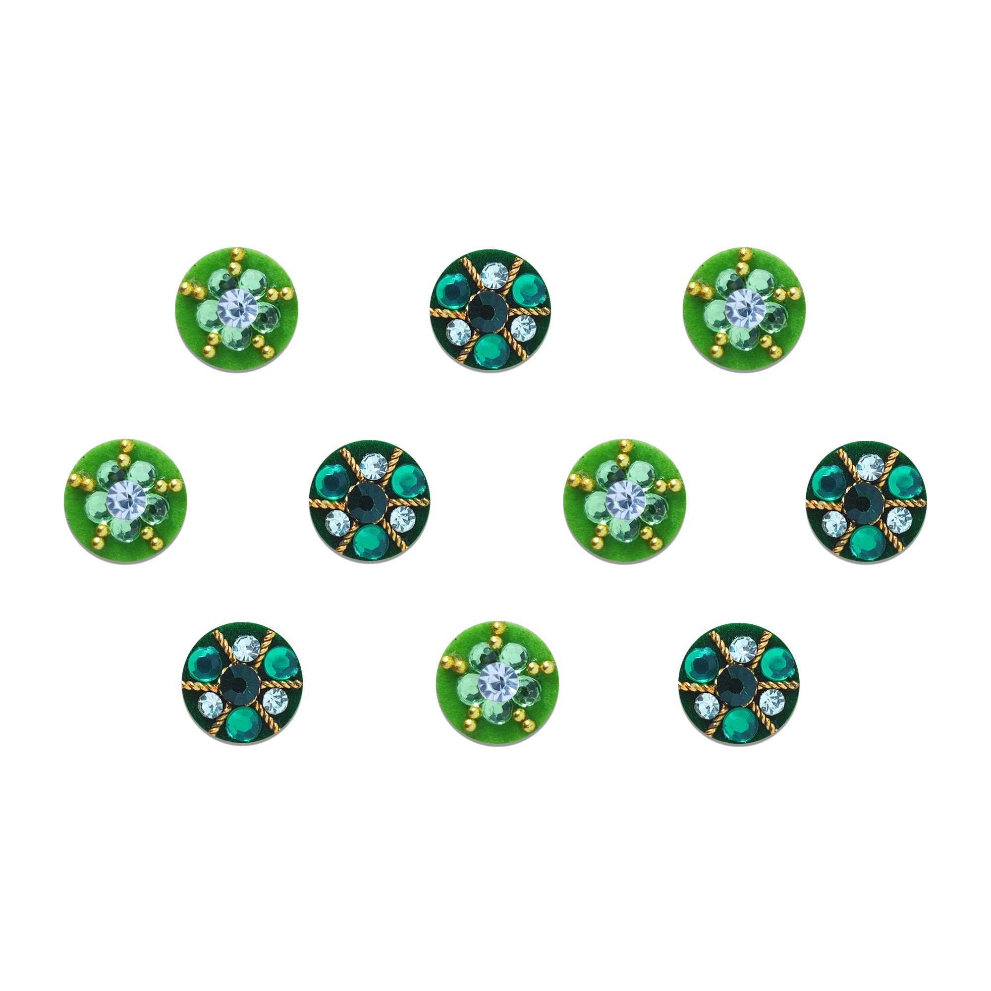 Comet Busters Emerald Floral Stone Designer Bindi featuring alternating light green and dark emerald round bindis embellished with sparkling white crystals, emerald green stones, black center accents, and elegant gold detailing. Self-adhesive premium bindis for women and girls, perfect for weddings, festivals, Navratri, Diwali, Karwa Chauth, bridal wear, temple visits, parties, and traditional or Indo-western outfits.