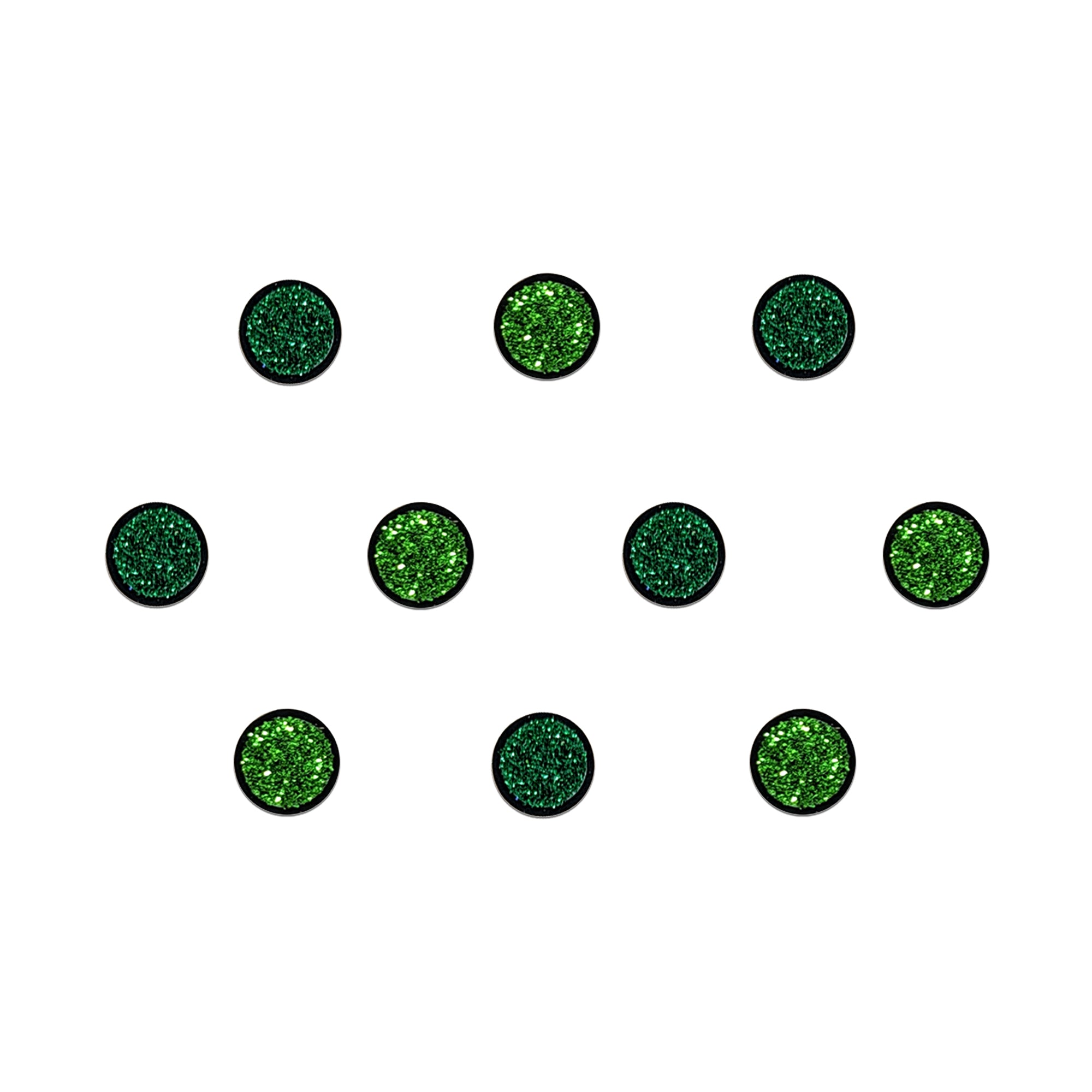 Comet Busters green glitter dot bindis featuring vibrant sparkling shades for festive, party, and traditional wear.