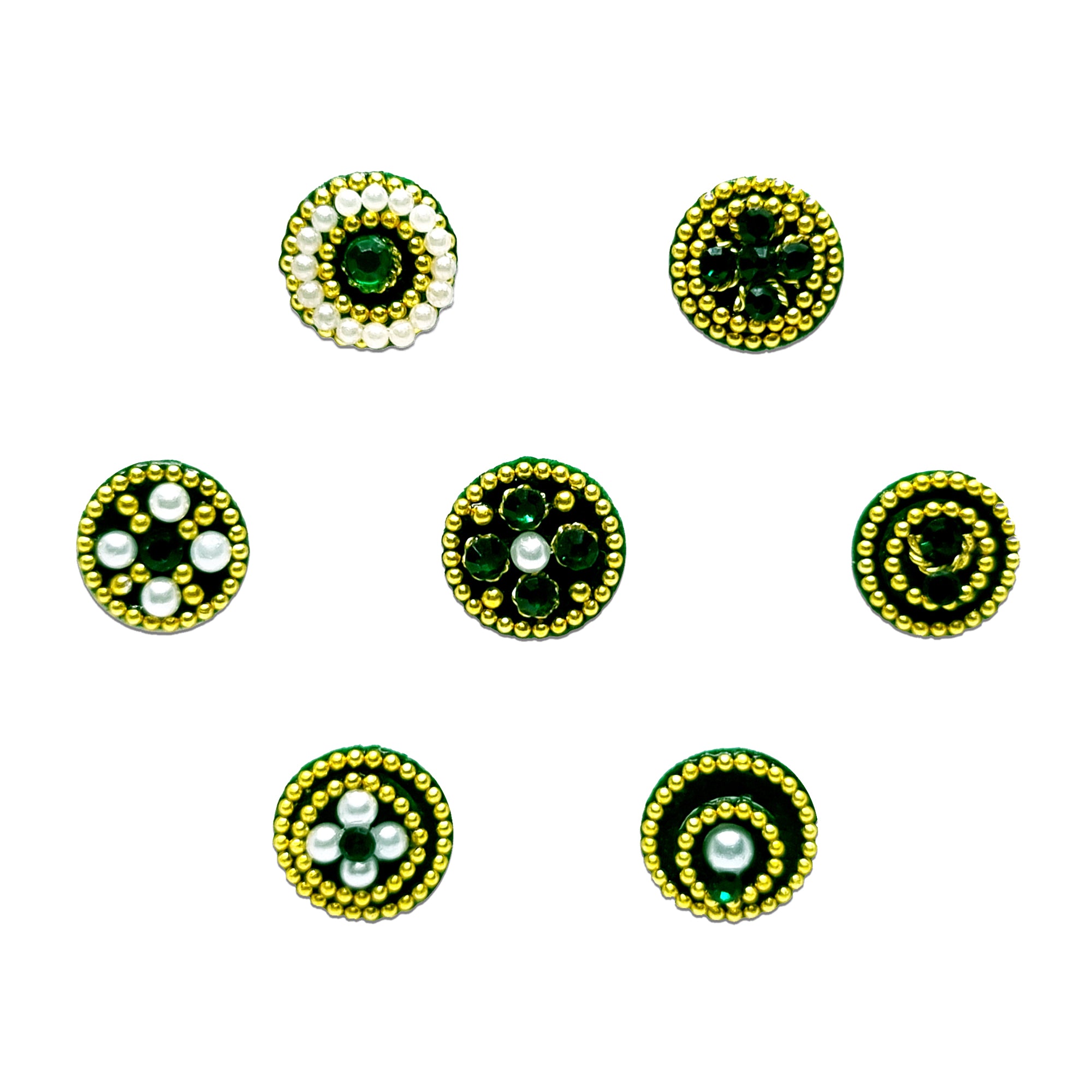 Comet Busters Green and gold artisan round bindis with crystal stones and beadwork, designer forehead stickers for women featuring floral, spiral, and circular motifs, perfect for weddings, festivals, puja, Navratri, Bharatanatyam, and ethnic Indian outfits.