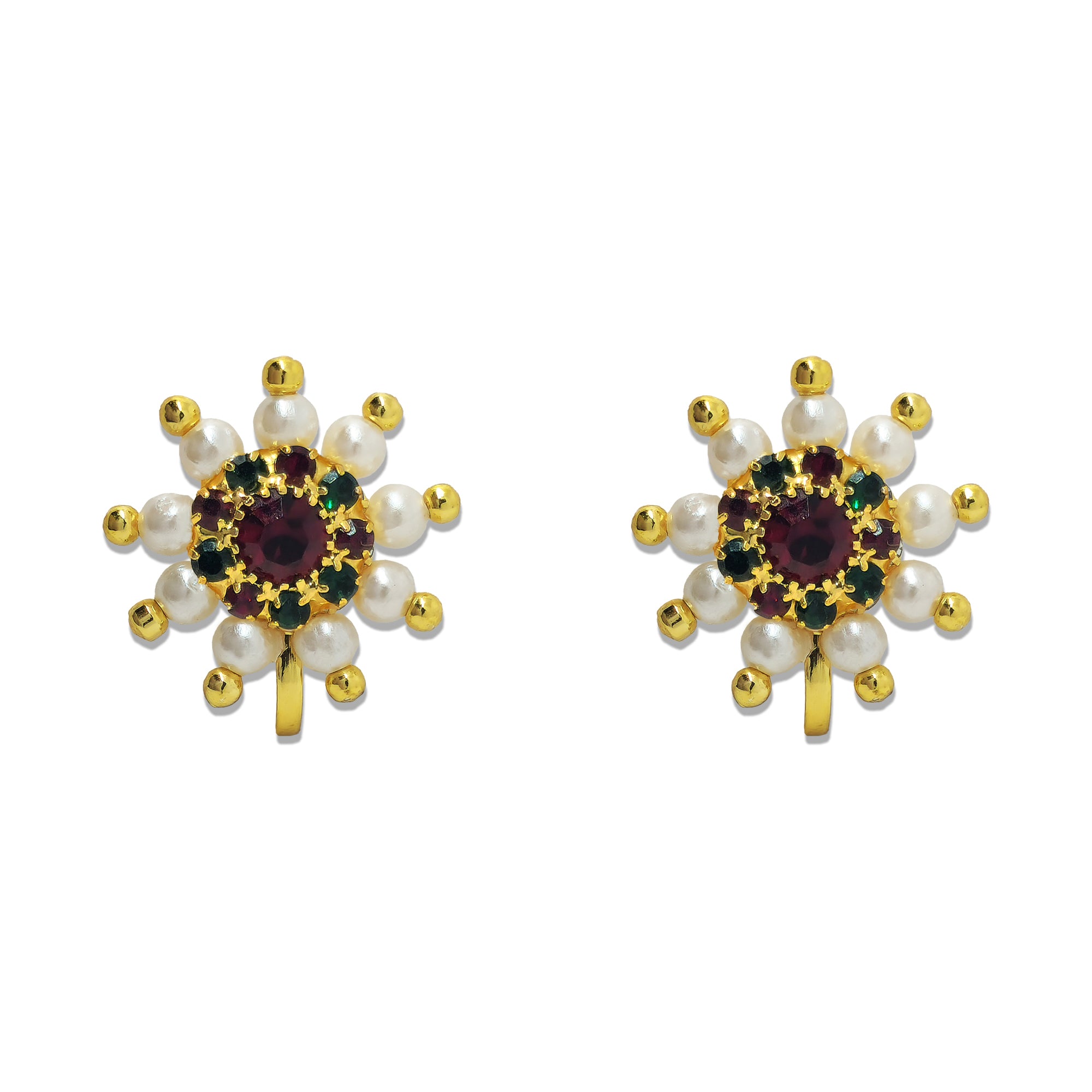 Comet Busters green and maroon designer earcuff with white pearls, golden beads, and crystal detailing on a white background
