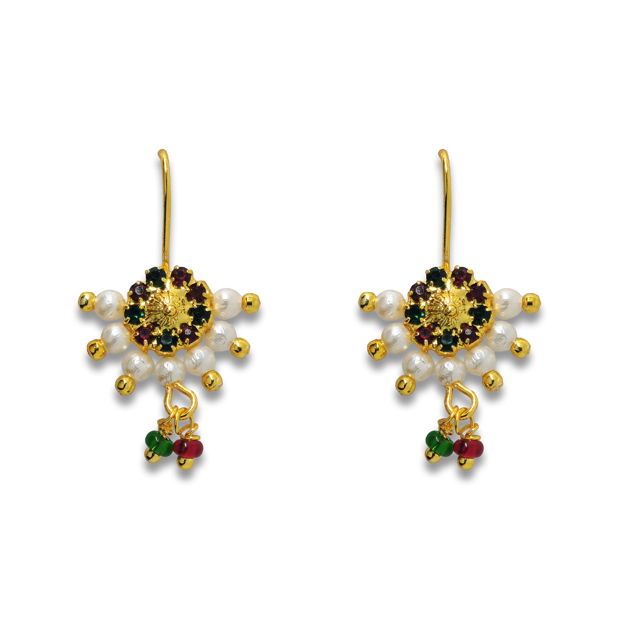 Comet Busters green and maroon designer earcuff with white pearl beads, golden detailing, crystal accents, and hanging green and maroon bead charms on a white background
