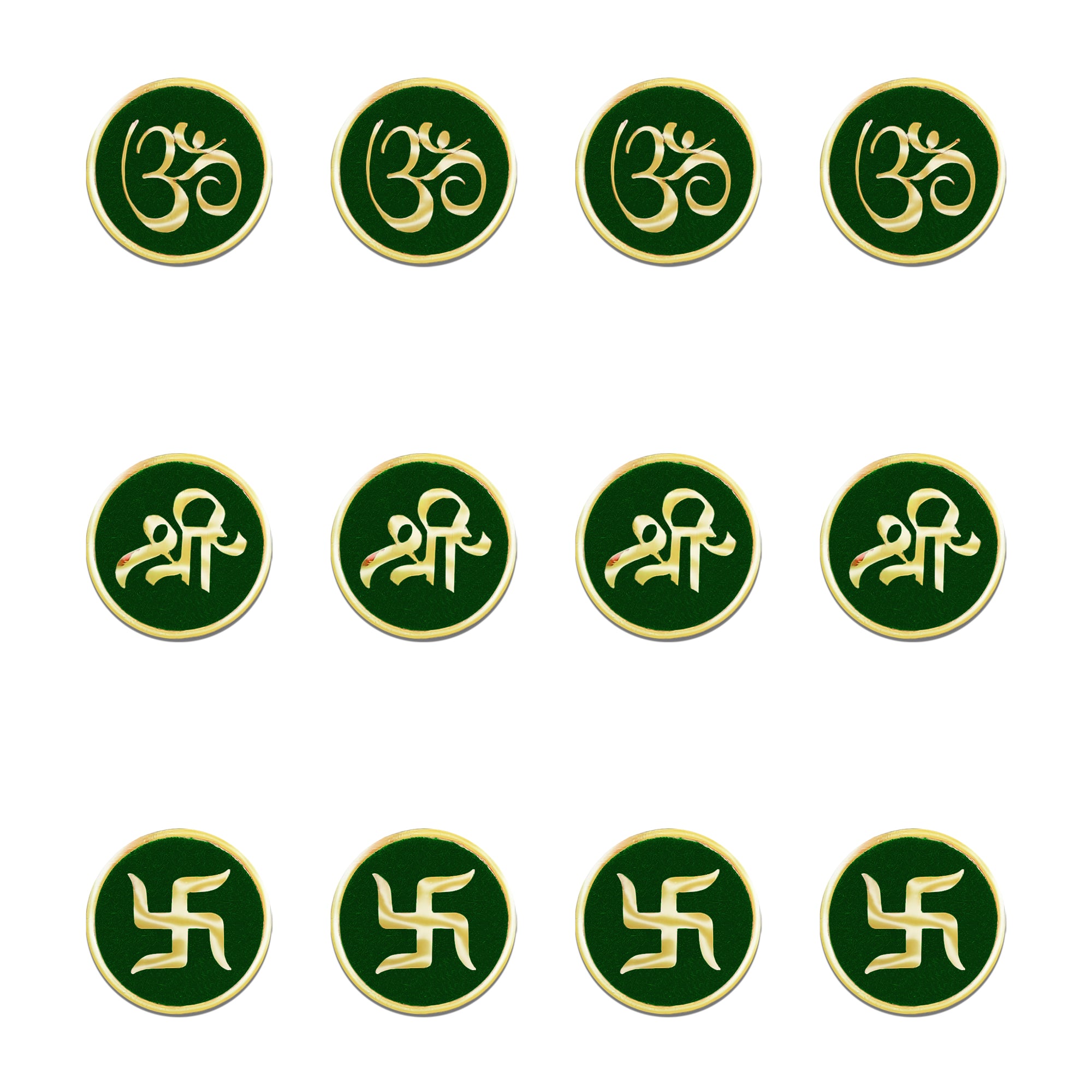 Indira by Comet Busters® premium green velvet designer bindi featuring gold Om, Shree, and Swastik symbols in handcrafted round bindis for women and girls.