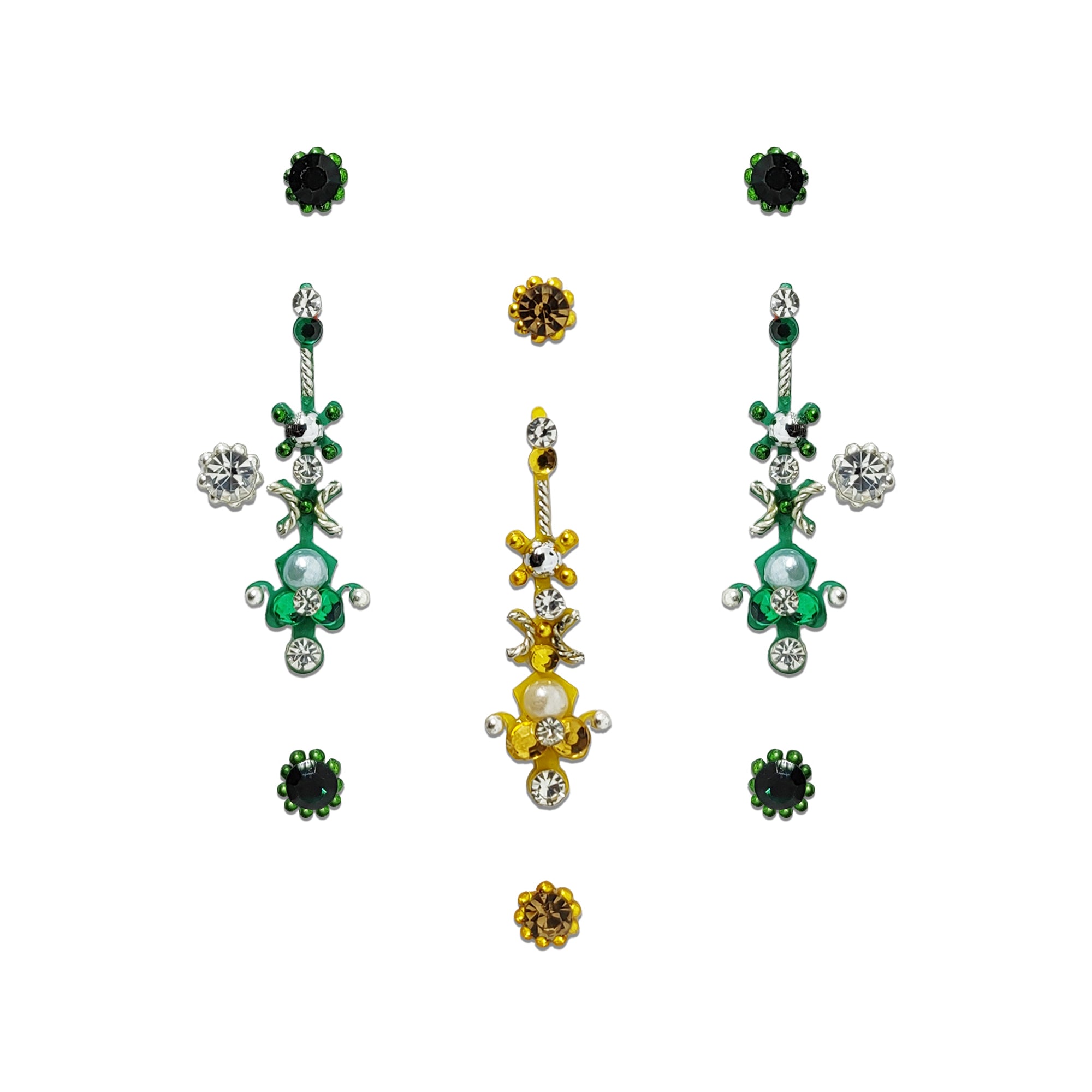 Comet Busters Emerald Pearl Floral Designer Bindi Set featuring elegant green and gold designer bindis adorned with emerald green stones, white pearls, sparkling crystal accents, floral motifs, and decorative metallic detailing. The set includes matching round crystal bindis for a coordinated look. Premium self-adhesive bindis for women and girls, perfect for weddings, bridal wear, festivals, Navratri, Diwali, parties, classical dance performances, and traditional or Indo-western ethnic outfits.