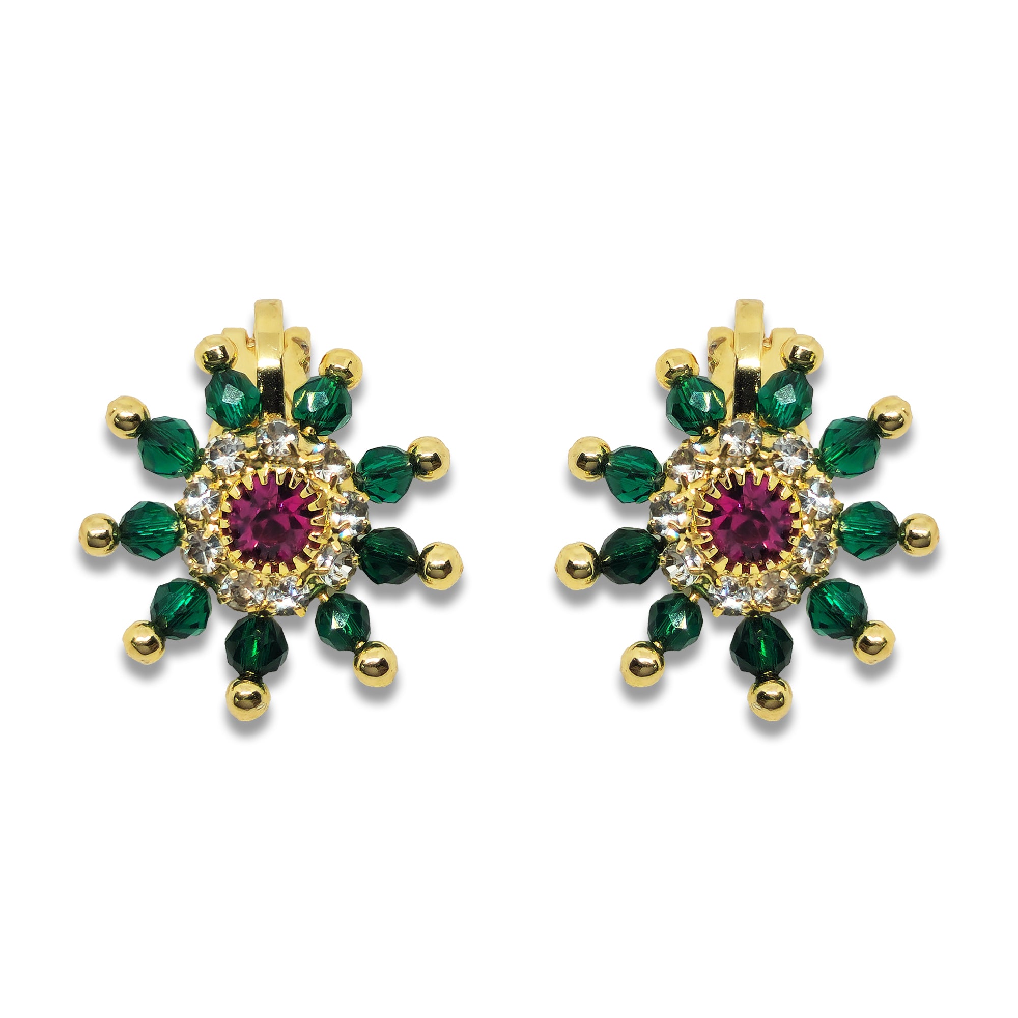 Comet Busters green and pink floral earcuff with crystal detailing, golden beads, and faceted green stones on a white background