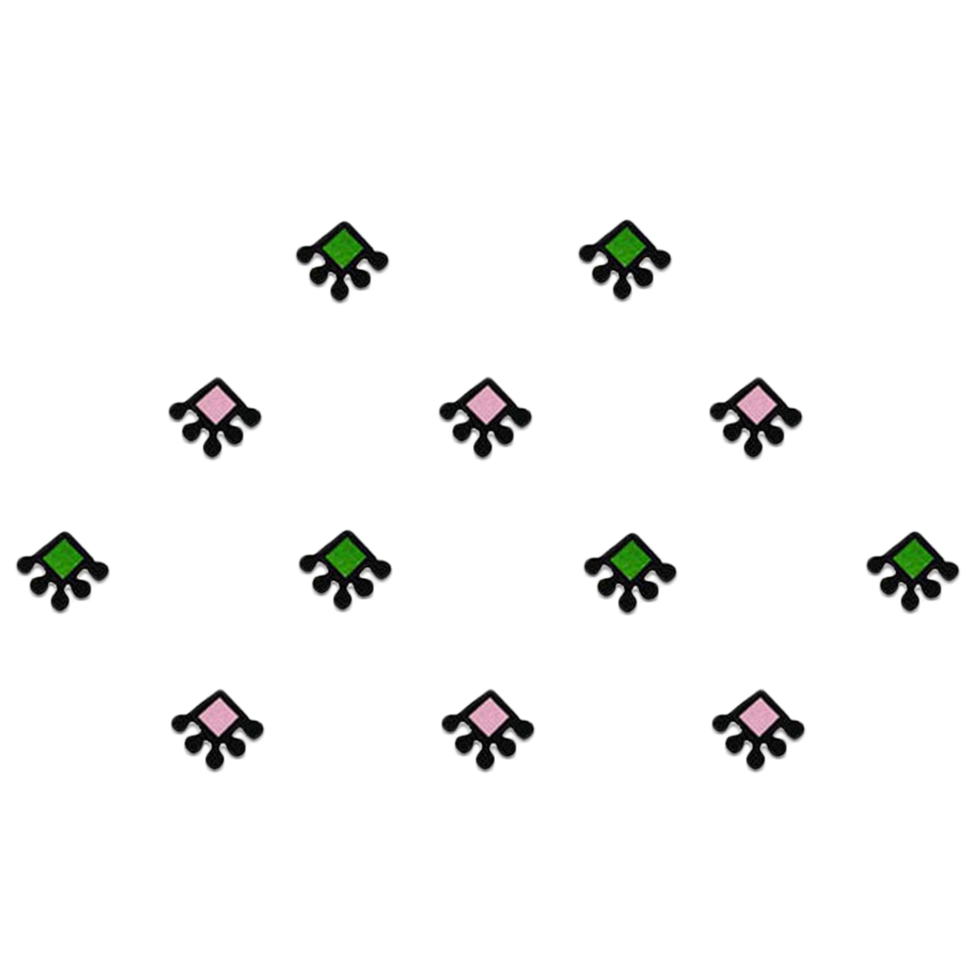 Comet Busters green and pink diamond designer bindi set featuring alternating geometric diamond-shaped bindis with black ornamental accents, reusable skin-friendly forehead bindis for women and girls.