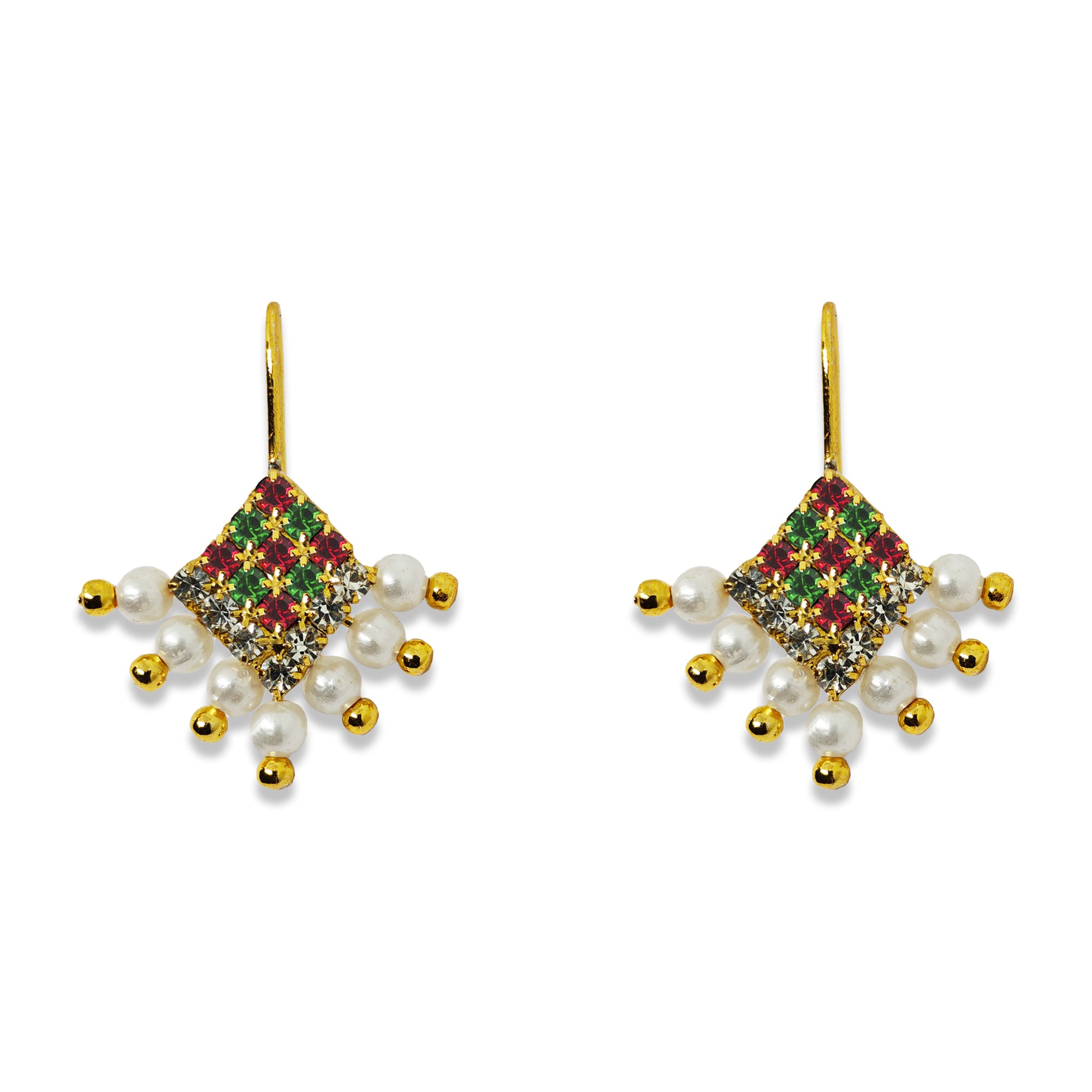 Comet Busters Green and Red Diamond Design Pearl Nose Studs with Gold Finish and White Pearl Drops