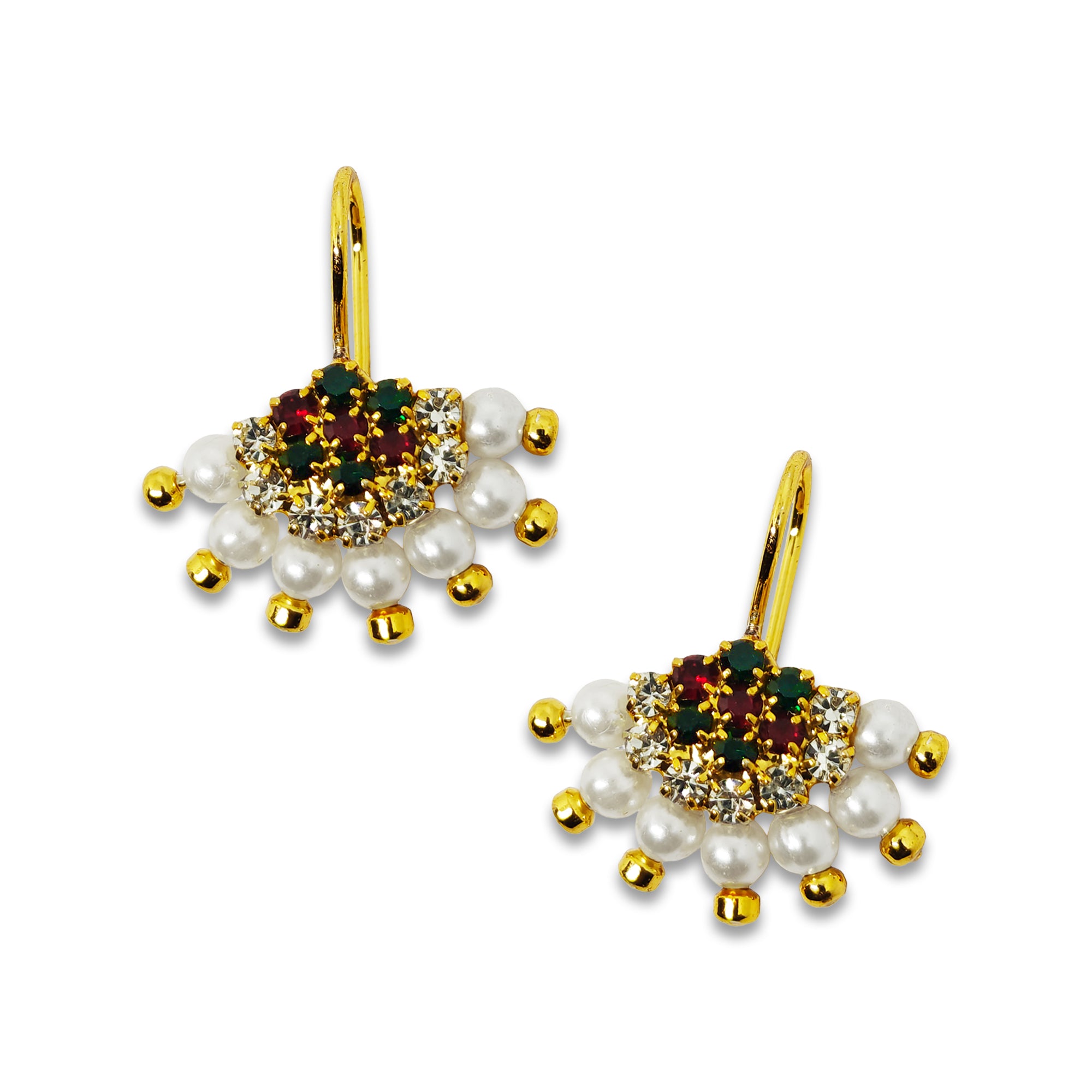 Comet Busters Green and Red Floral Nose Studs with Gold Finish, Crystal Detailing and White Pearl Drops