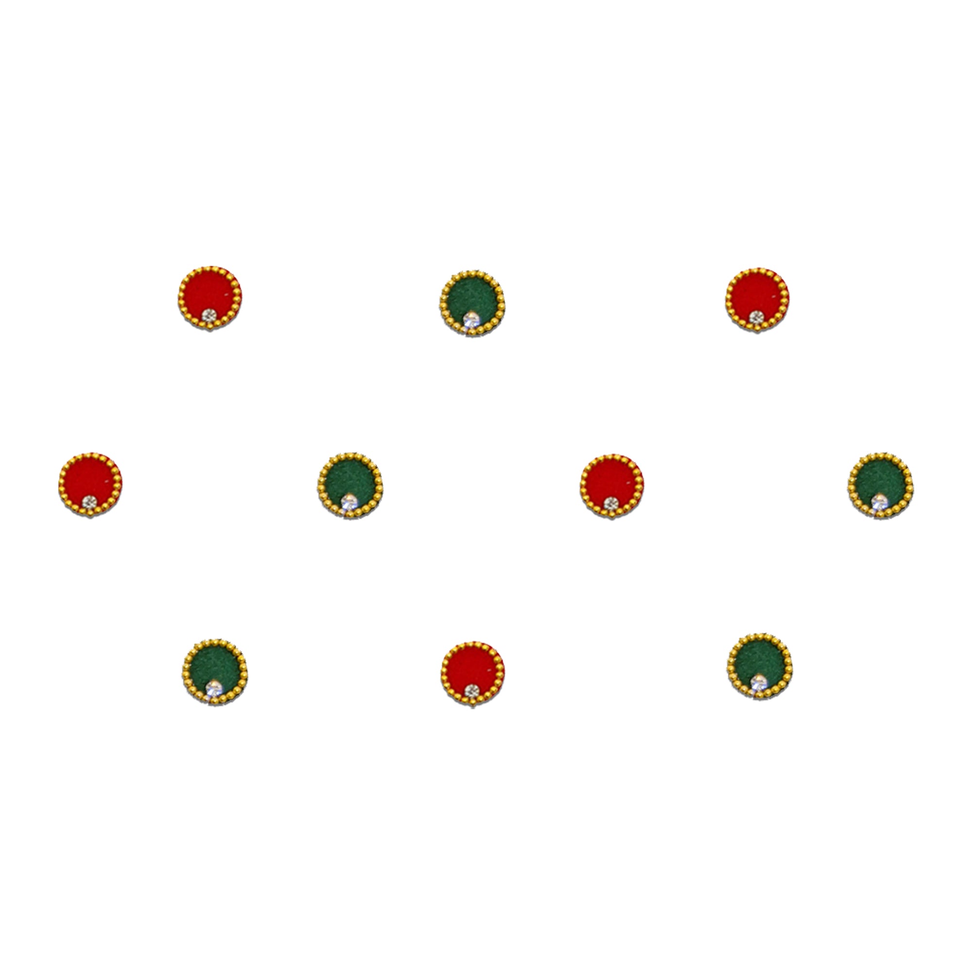 Comet Busters Red and green round velvet bindis with gold bead borders and crystal accents.
